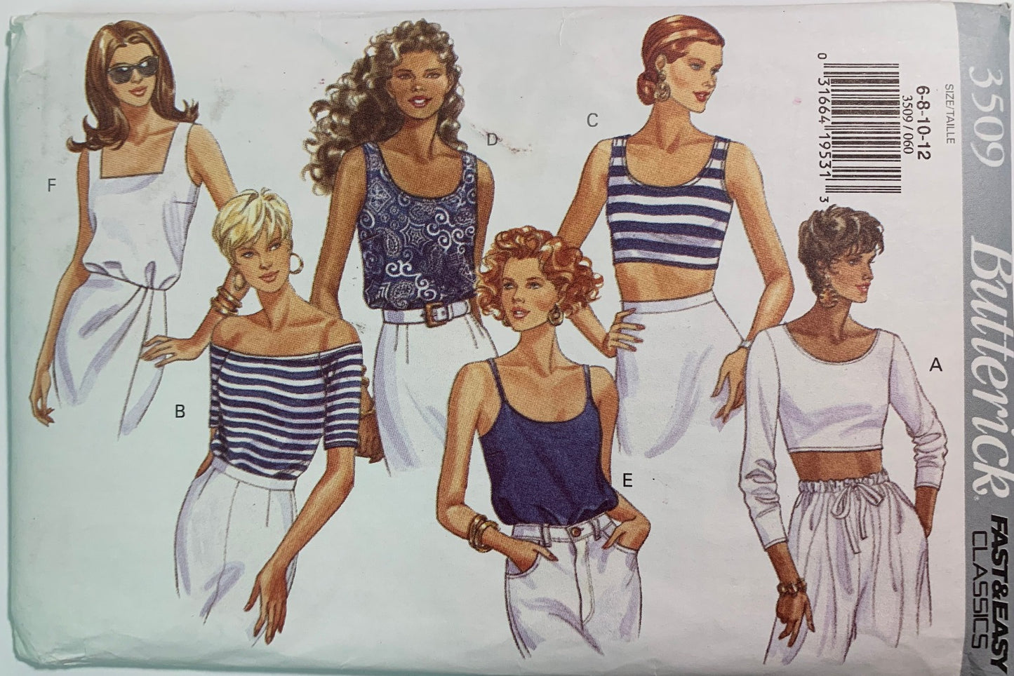 Butterick Sewing Pattern 3509 Misses' Top, Halter, Sleeveless, Long Sleeves Pullover, Two Lengths, Semi-Fitted, Size 6-12, Uncut, Vintage 1994