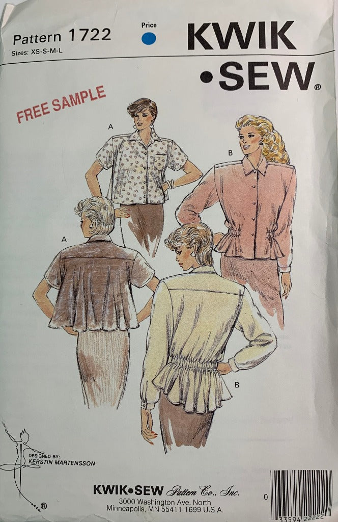 KWIK 1722 Misses' Blouse, Shirt, Top, Size XS-Lrg, Uncut, Vintage 1987