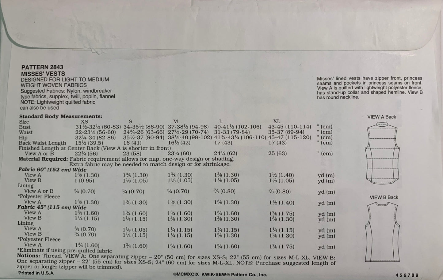 KWIK 2843 Misses' Vests, Size XS-XL, Uncut, Vintage 1999