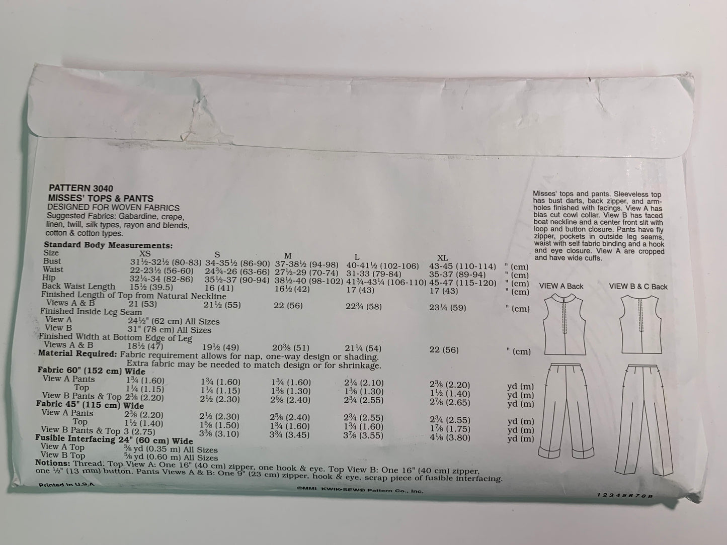 KWIK 3040 Misses' Tops, Pants, Size XS-XL, Uncut, Year Unknown