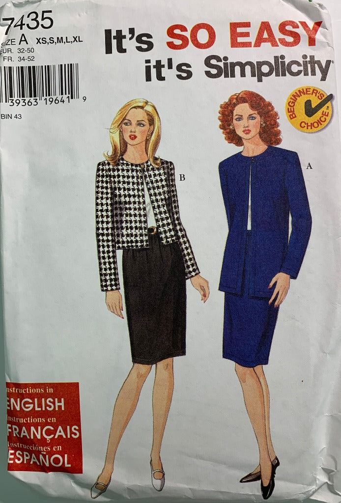 Simplicity 7435 Misses' Jacket, Pull-On Skirt, Size XS-XL, Uncut, Vintage 1996