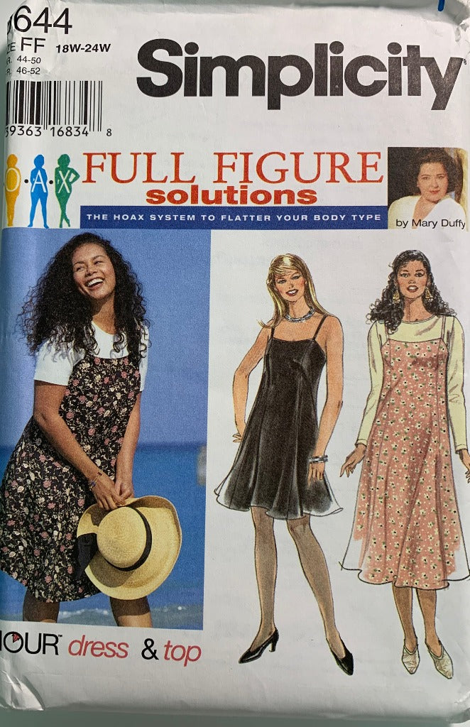 Simplicity 9644 Women's Full Figure Dress, Top, Size 18W-24W, Uncut, Vintage 1996