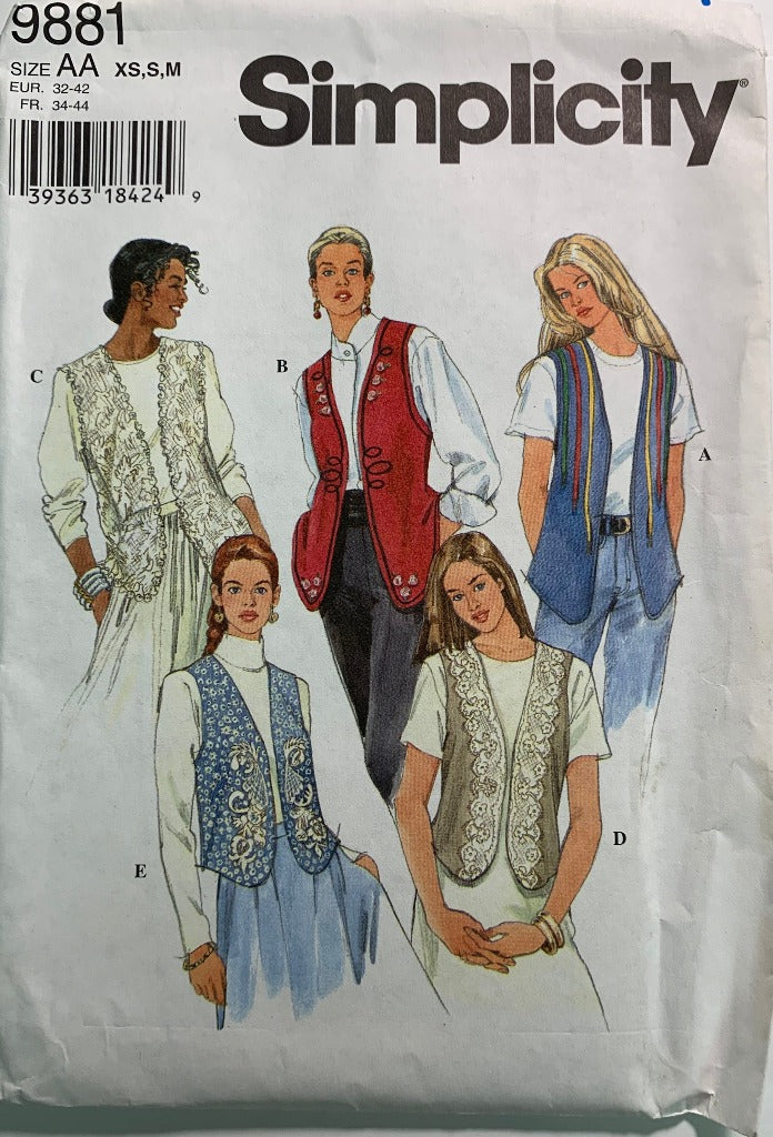 Simplicity Sewing Pattern 9881 Misses' Vests, Lined, Two Lengths, 5 Variations, Sleeveless, Size 6-16, Uncut, Vintage 1996