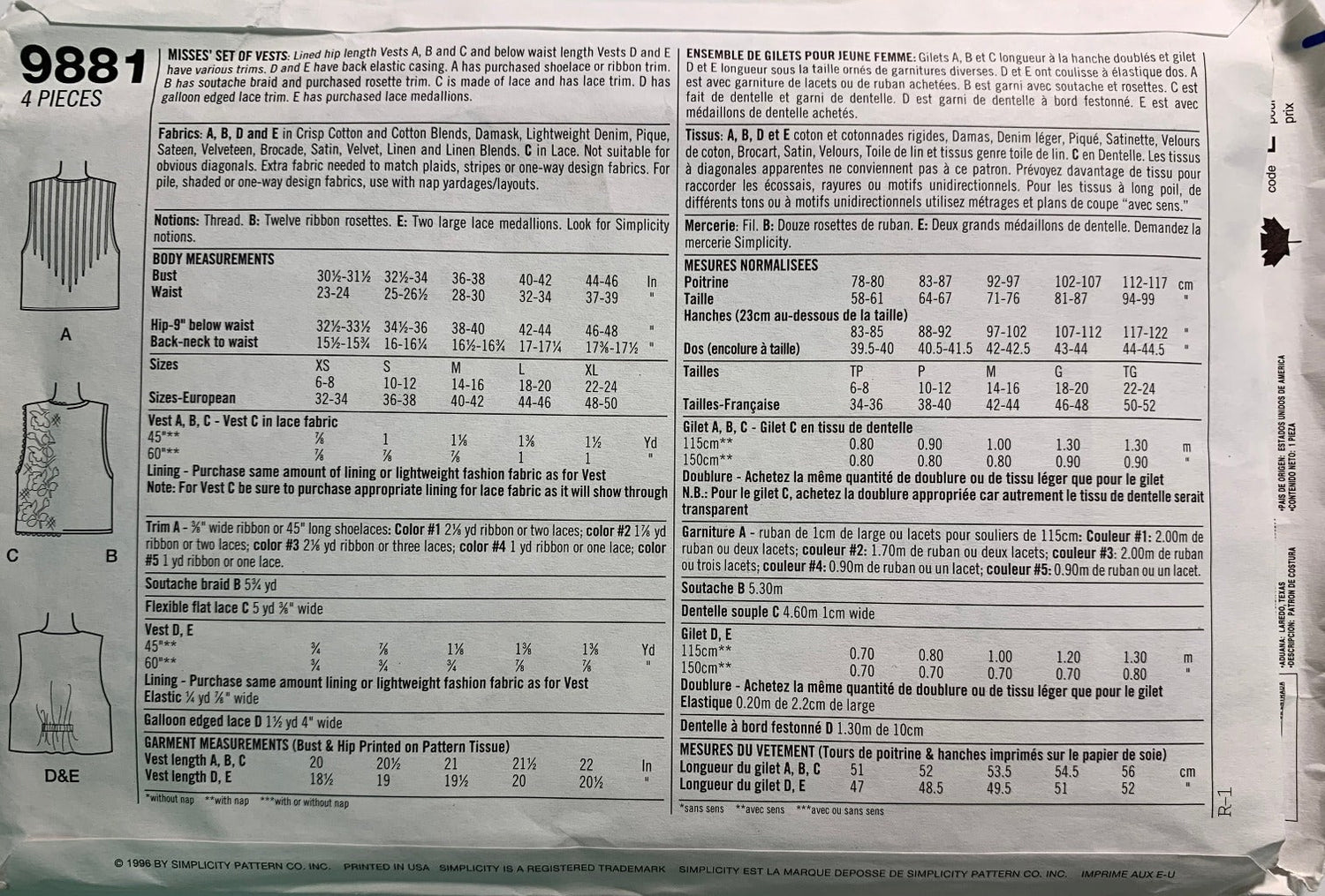Simplicity Sewing Pattern 9881 Misses' Vests, Lined, Two Lengths, 5 Variations, Sleeveless, Size 6-16, Uncut, Vintage 1996