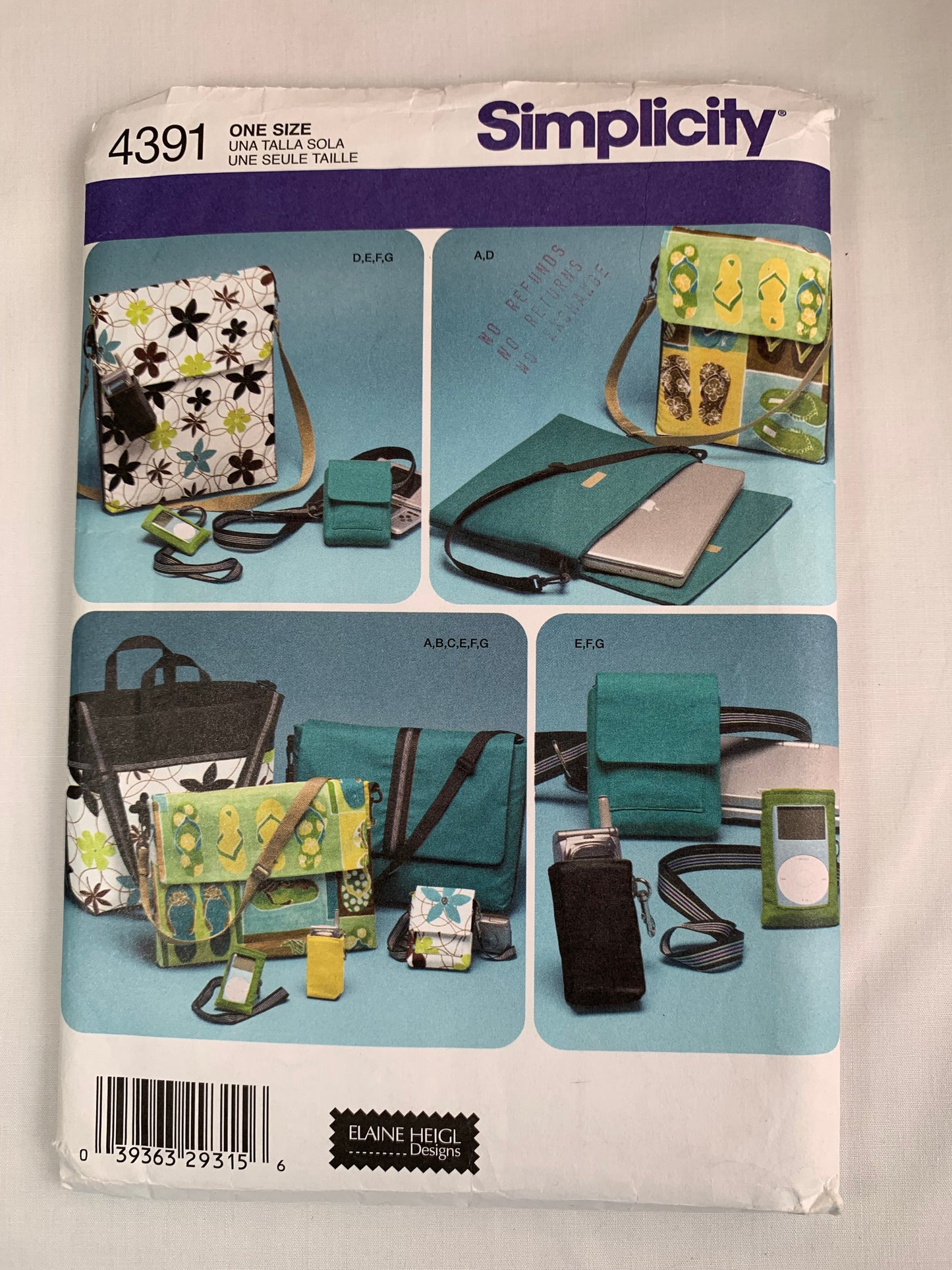 Simplicity Sewing Pattern 4391 Set of Bags, Accessories, Game System, Shouder Strap, Cd Holder/Case, Camera, Cell Phone, Messenger, Uncut, 2003