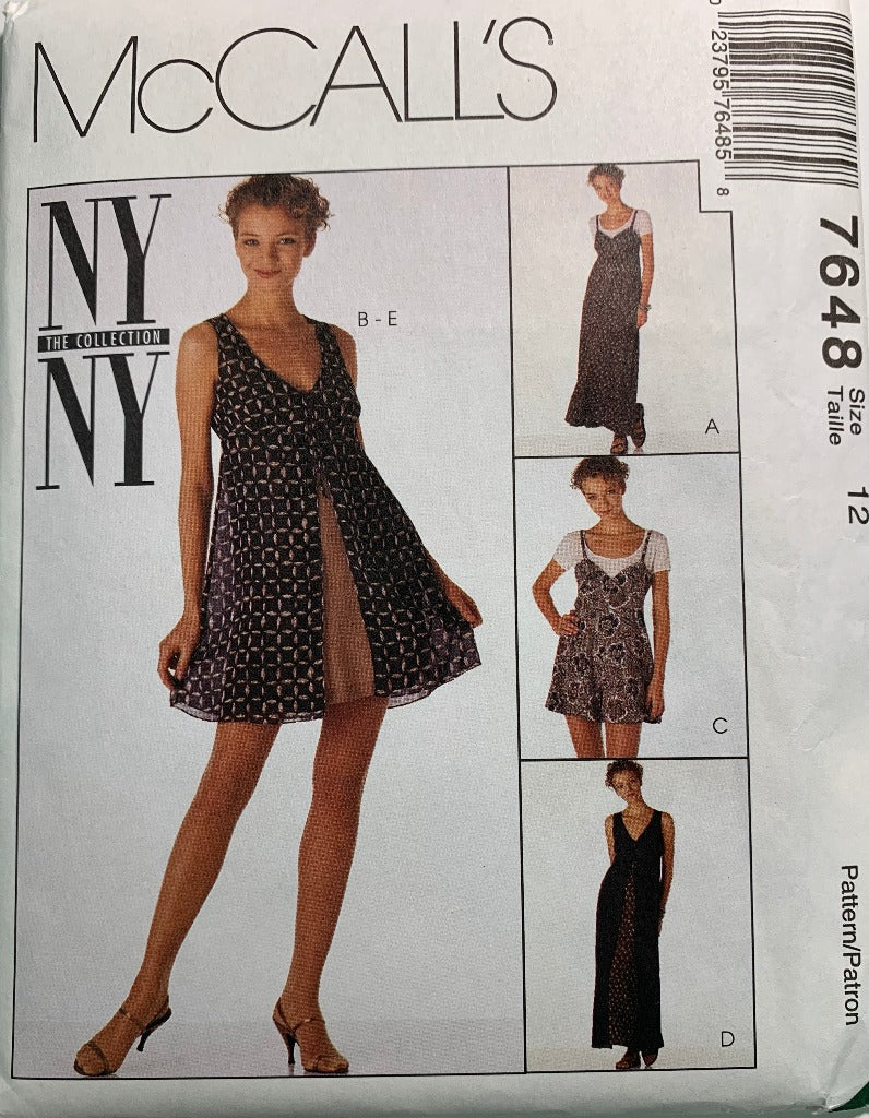 McCall's 7648 Misses' Slip Dress, Romper, Overdress, Size 12, Uncut, Vintage 1996