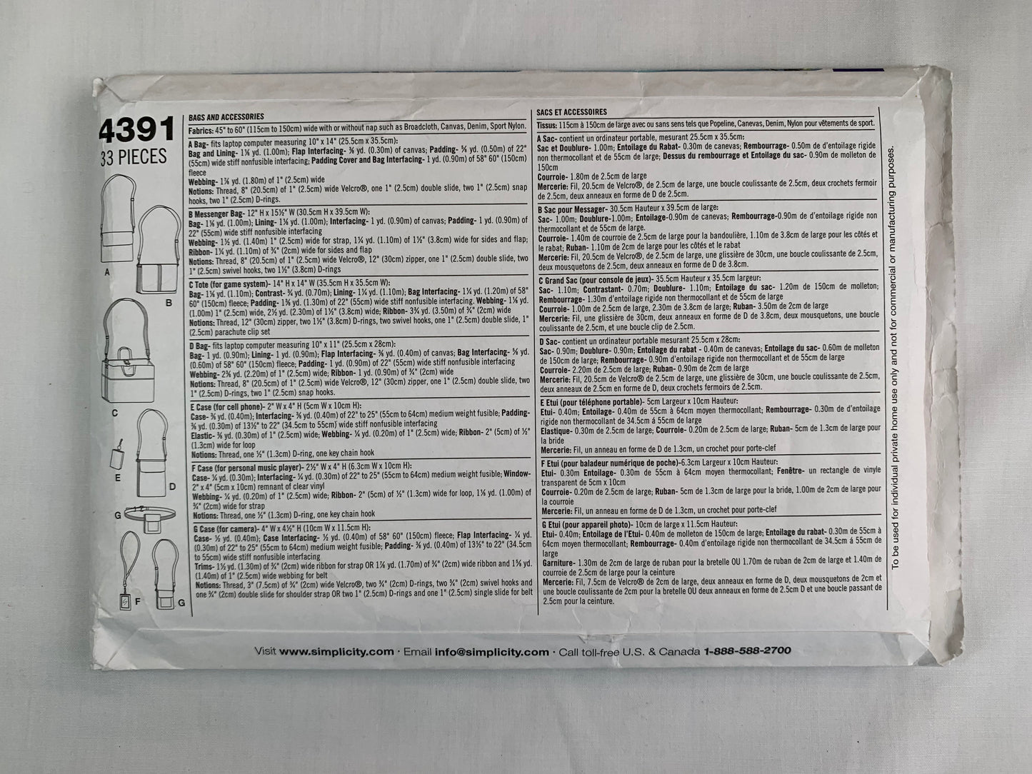 Simplicity Sewing Pattern 4391 Set of Bags, Accessories, Game System, Shouder Strap, Cd Holder/Case, Camera, Cell Phone, Messenger, Uncut, 2003