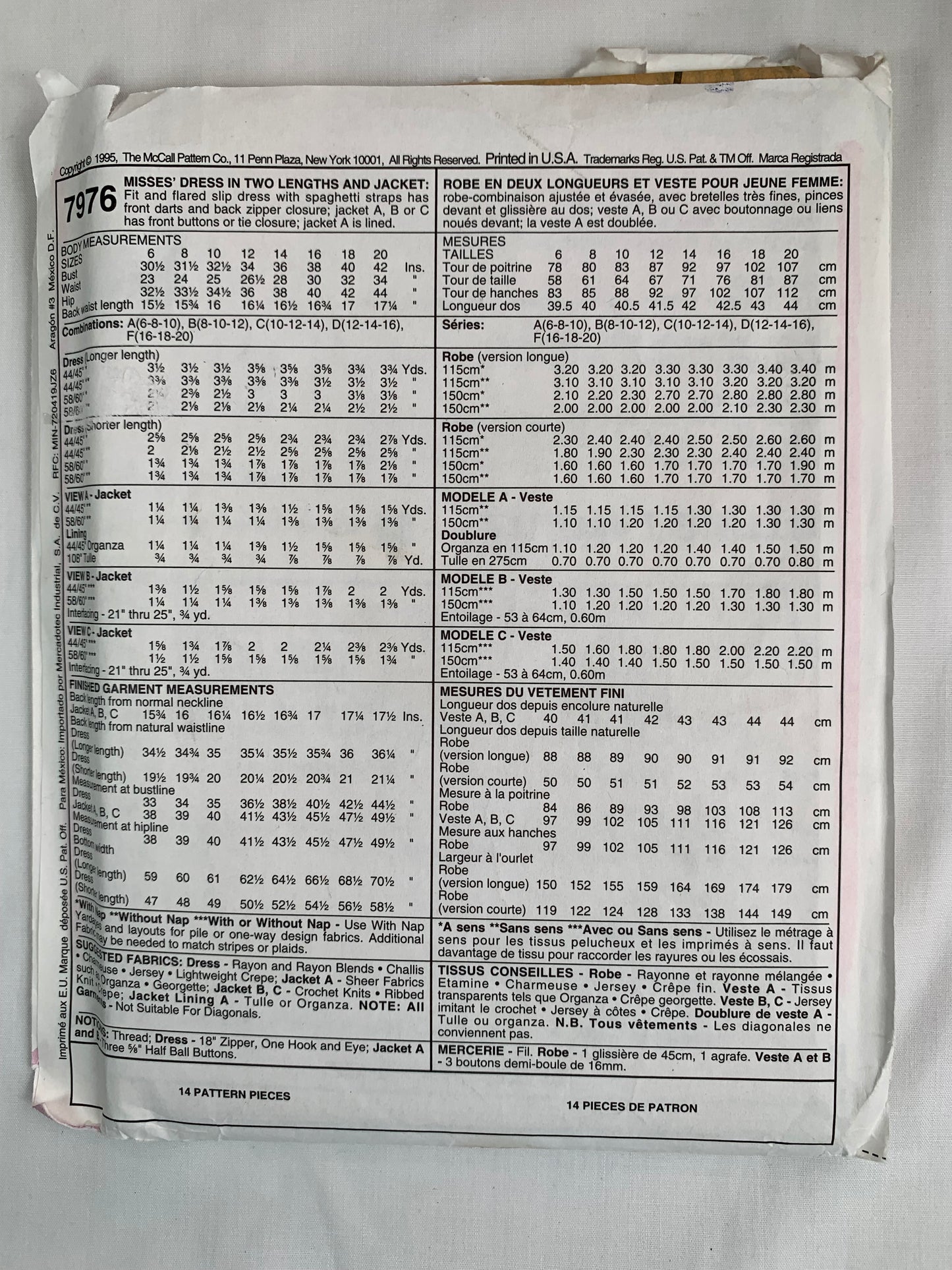 McCall's Sewing Pattern 7976 Misses' Jacket, Dresses, 3 Variations, Sleeveless, Two Lengths, Button/Tie Front, Long Sleeves, Size 10-14, Uncut, Vintage 1995