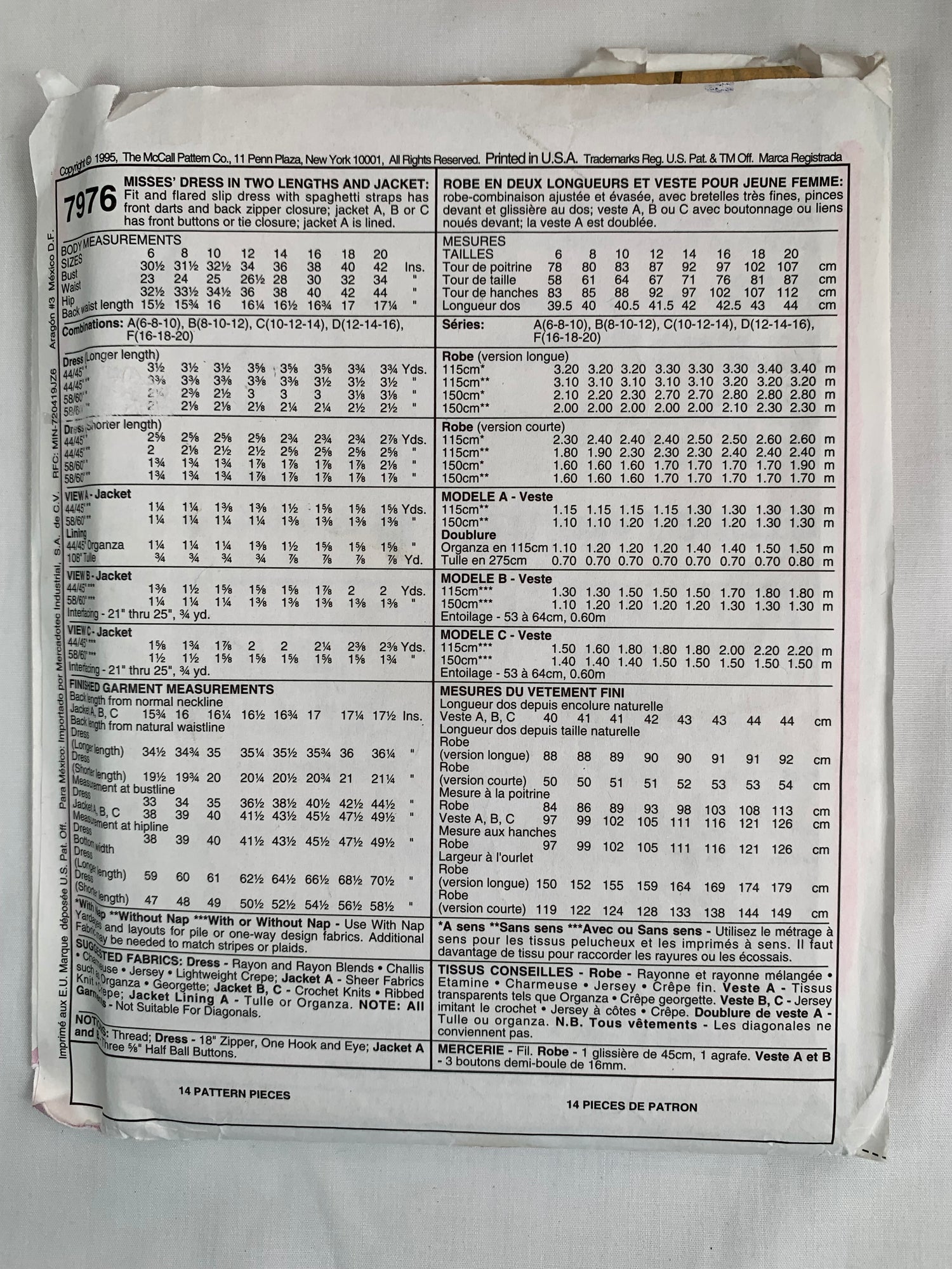 McCall's Sewing Pattern 7976 Misses' Jacket, Dresses, 3 Variations, Sleeveless, Two Lengths, Button/Tie Front, Long Sleeves, Size 10-14, Uncut, Vintage 1995