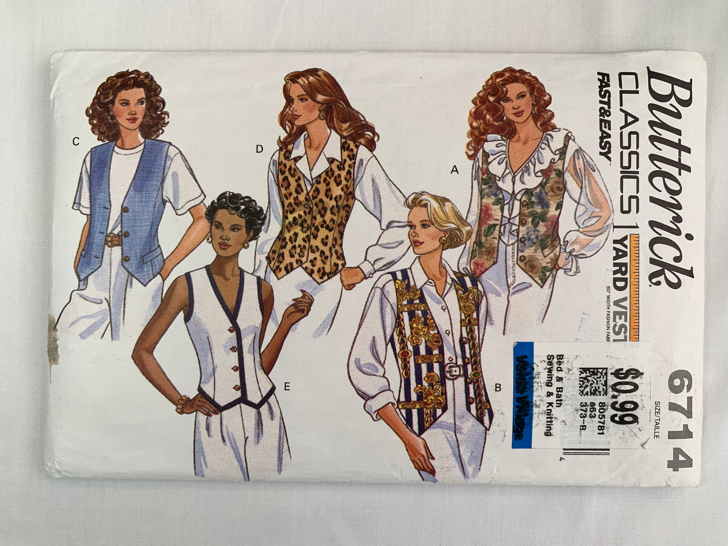 Butterick Sewing Pattern 6714 Misses' Lined Vest, Fitted, Back Belt, Side Slits, Sleeveless, Button Front, Size 14-16, Uncut, Vintage 1993