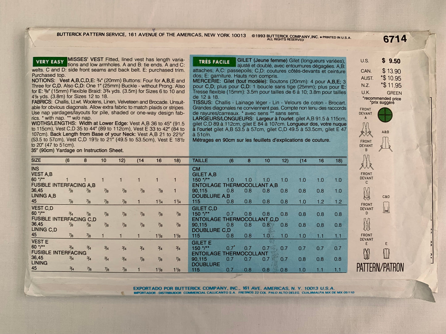 Butterick Sewing Pattern 6714 Misses' Lined Vest, Fitted, Back Belt, Side Slits, Sleeveless, Button Front, Size 14-16, Uncut, Vintage 1993