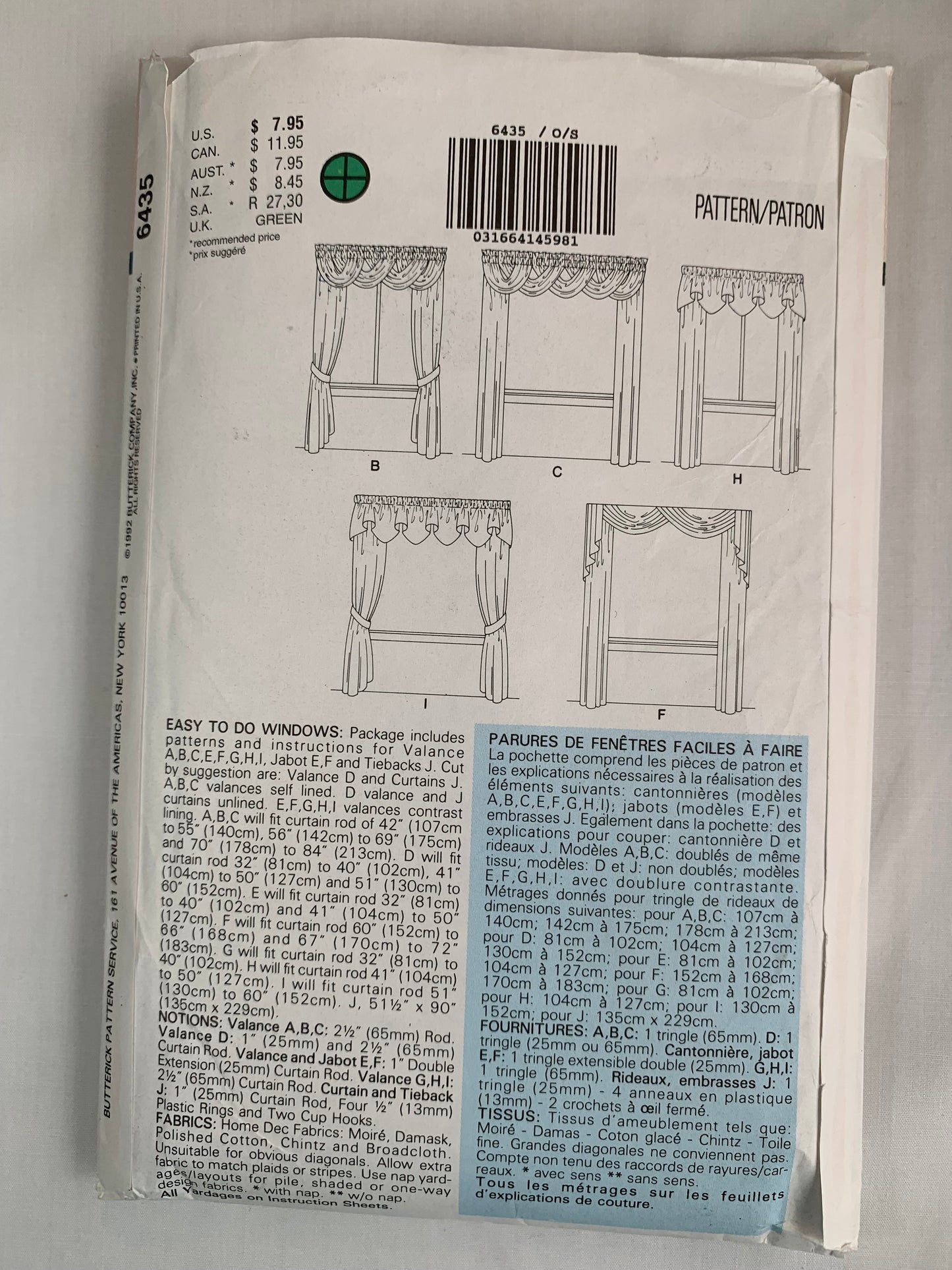 Butterick Sewing Pattern Waverly 6435 Window Shades, Coverings, 4 Variations, Unlined, Curtains, Jabot, Valance, Swag, Cafe, Uncut, Vintage 1992