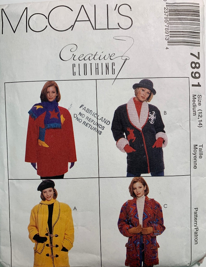 McCall's 7891 Misses' Jacket, Scarf, Size 12-14, Uncut, Vintage 1995