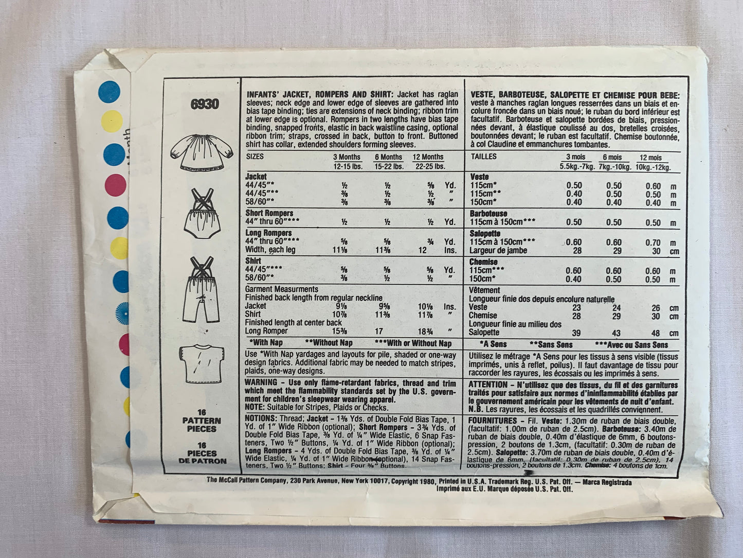 McCall's Sewing Pattern 6930 Infants' Romper, Jacket, Shirt, Long/Short Raglan Sleeves, Two Lengths, Button Front, Size 12-25 Pounds, Uncut, Vintage 1980