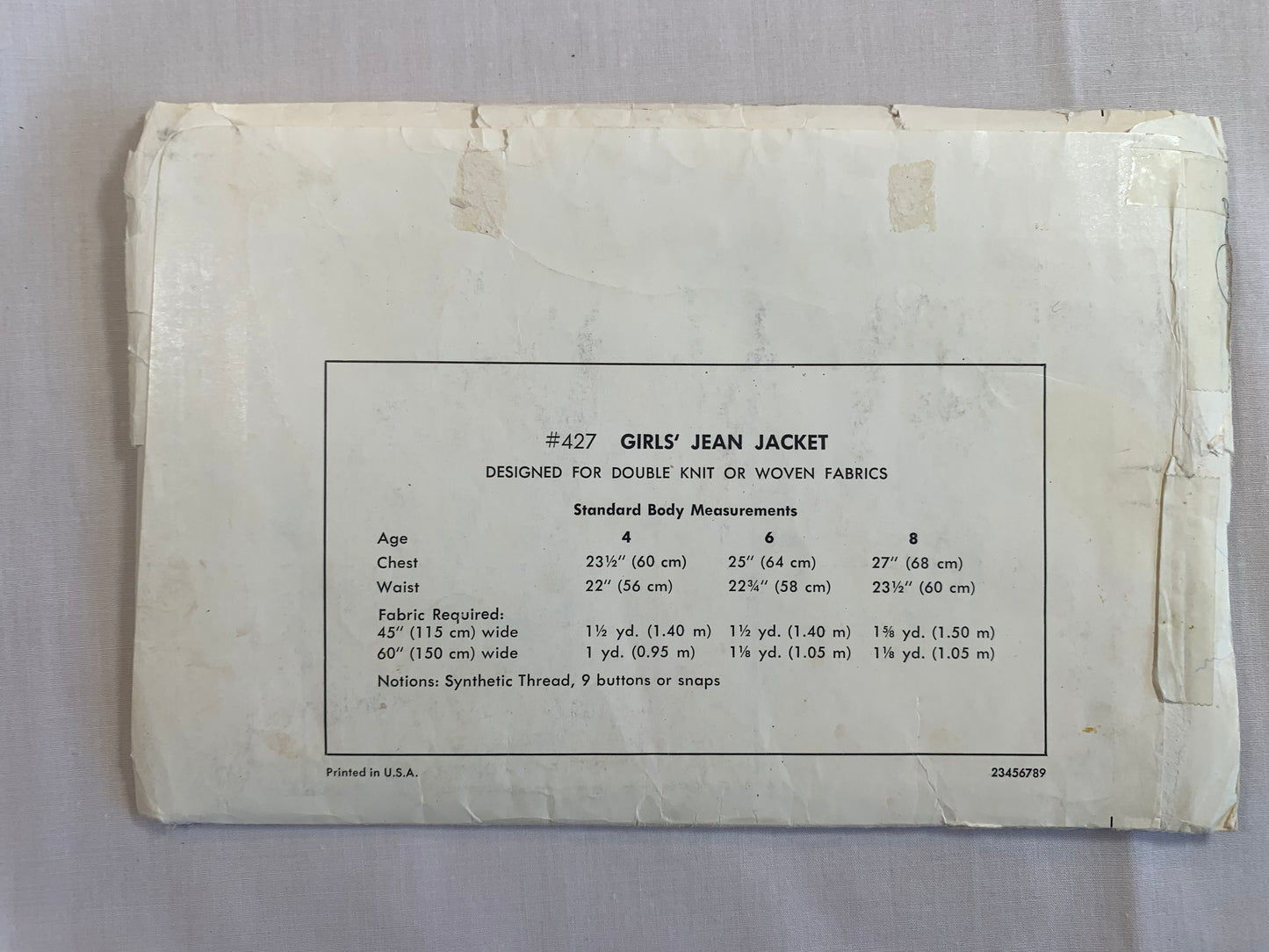 KWIK Sewing Pattern 427 Girls Jean Jacket, Snap/Button Closure, Long Sleeves, Cuffs, Uncut, Size 4-8, Vintage 1980