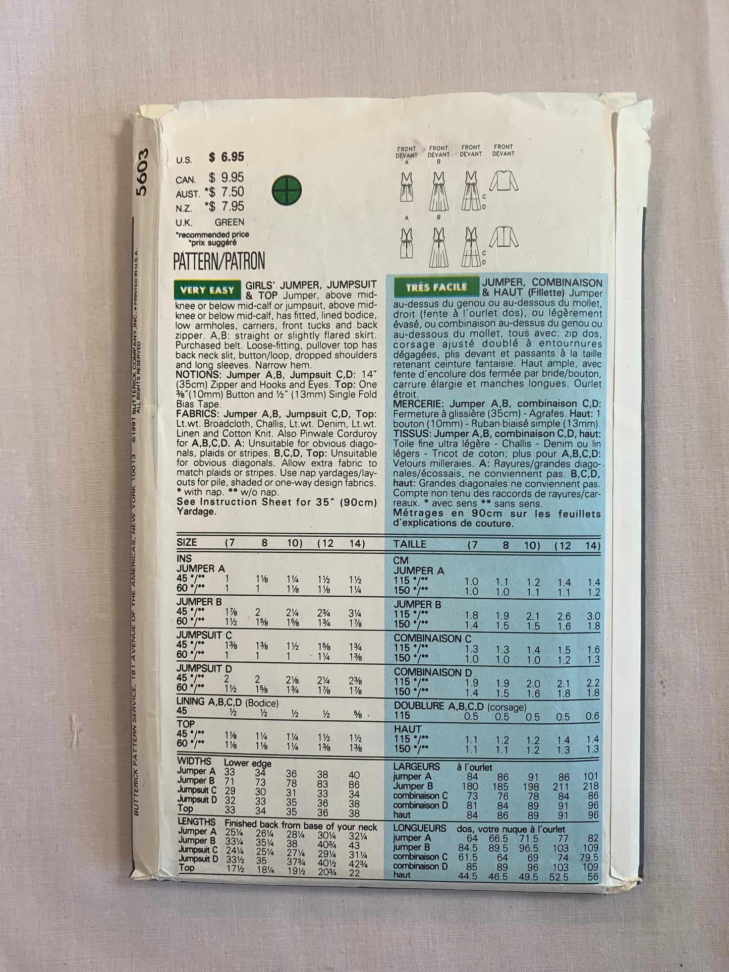 Butterick Busybodies Sewing Pattern 5603 Girls' Jumper, Jumpsuit, Top, Two Lengths, Loose-Fitting, Sleeveless, Zipper Back, Dropped Shoulders, Flared, Size 7-10, Uncut, Vintage 1991