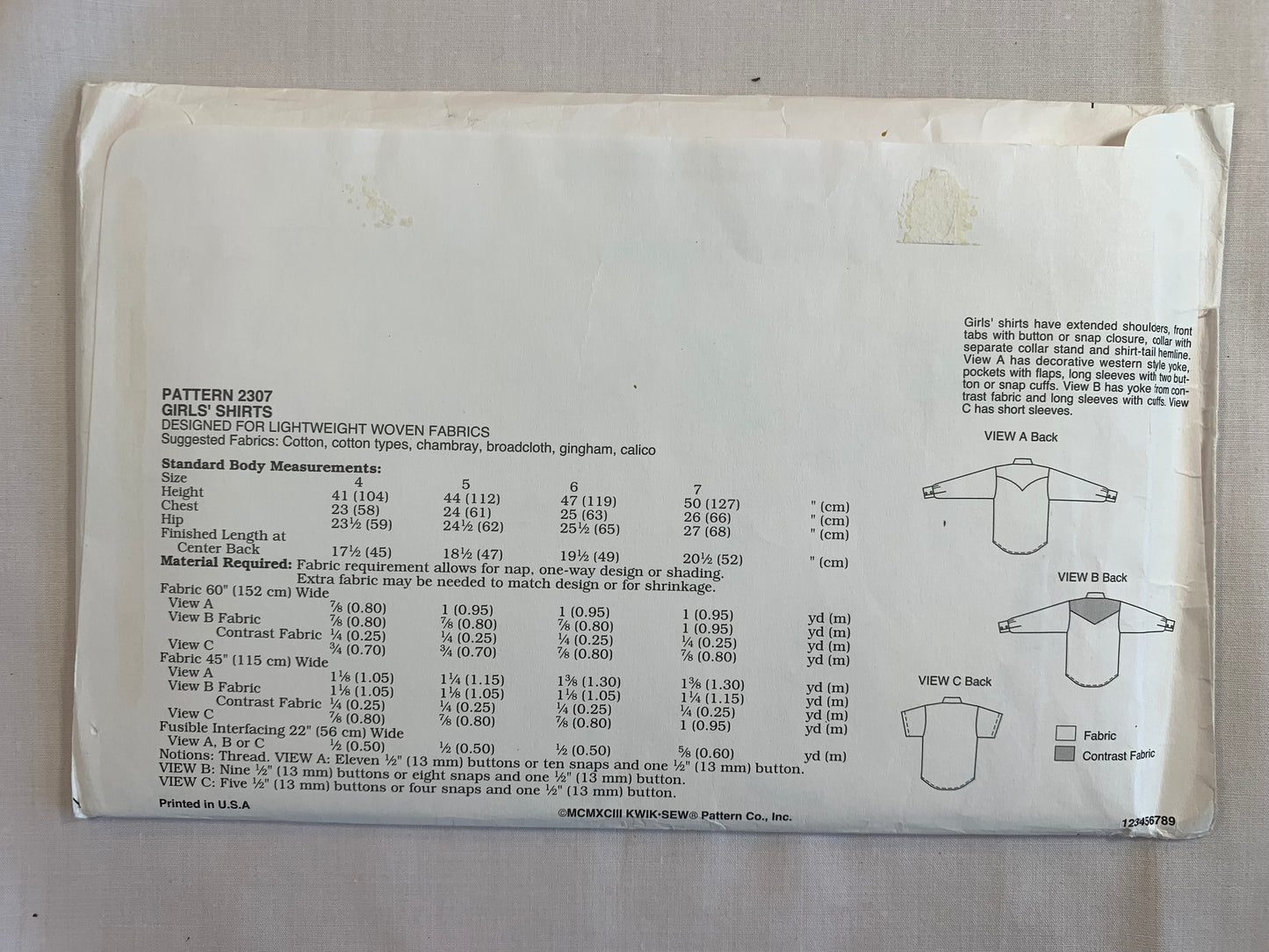 KWIK Sewing Pattern 2307 Girls' Shirts, Long/Short Sleeves, Collar, Cuffs, Pockets, Button/Snap Front, Uncut, Size 4-7, Vintage 1993
