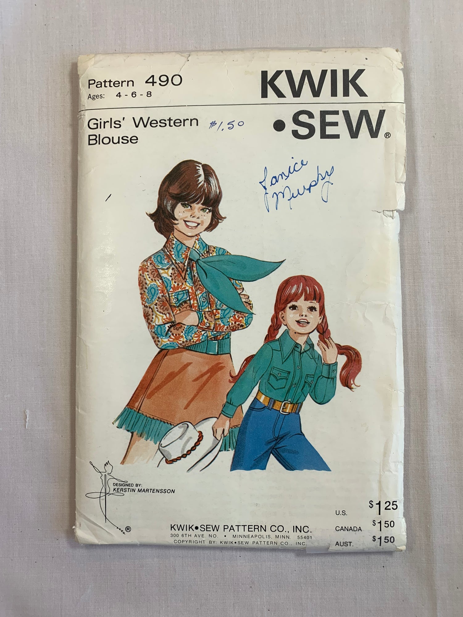 KWIK Sewing Pattern 490 Girls' Western Blouse, Long Sleeves, Collar, Cuffs, Pockets, Button/Snap Front, Size 4-8, Uncut, Vintage 1993