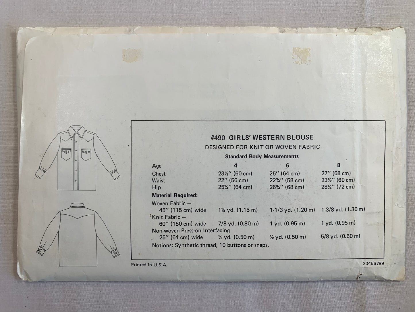 KWIK Sewing Pattern 490 Girls' Western Blouse, Long Sleeves, Collar, Cuffs, Pockets, Button/Snap Front, Size 4-8, Uncut, Vintage 1993