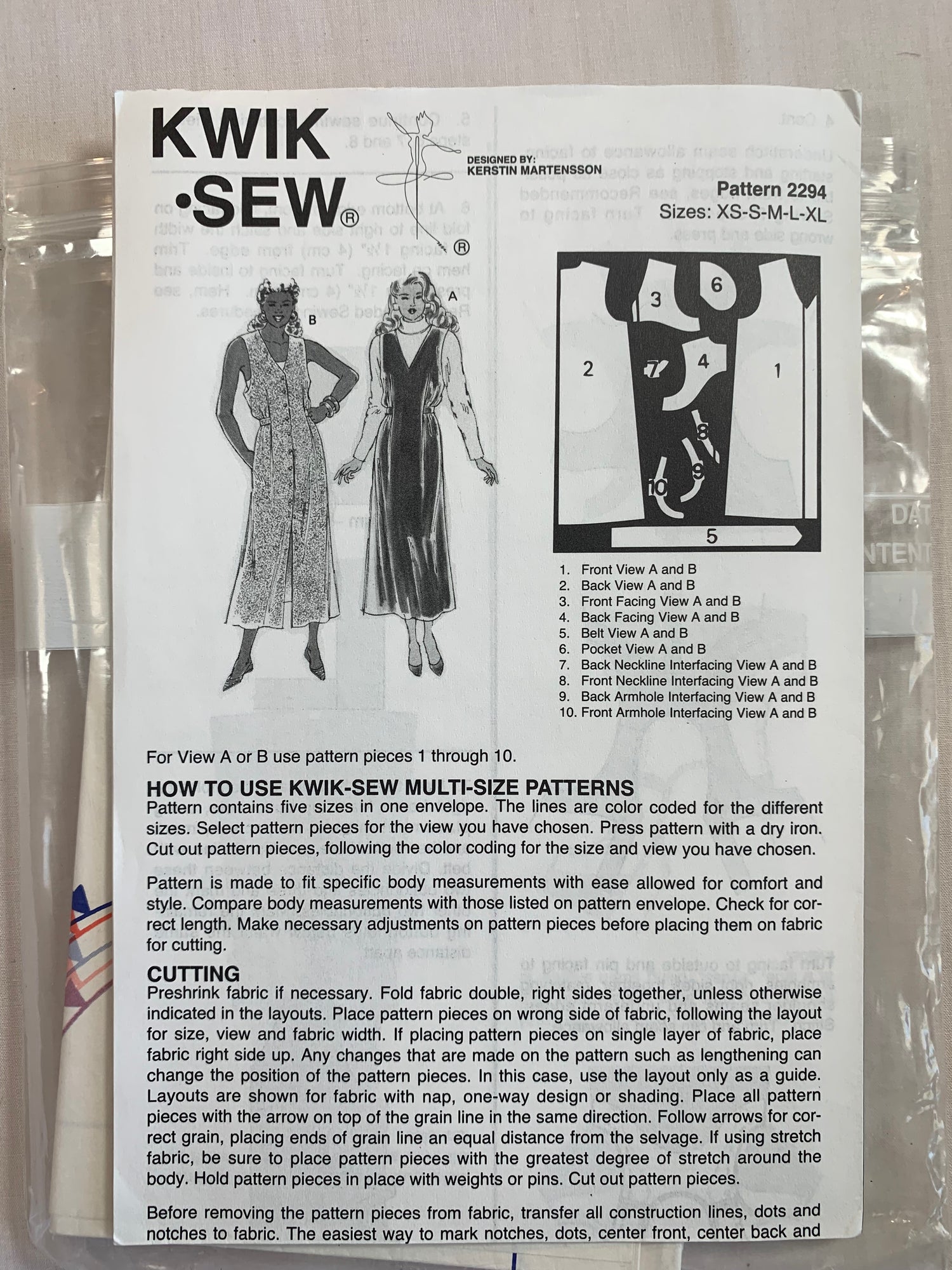 KWIK Sewing Pattern 2294 Misses' Dress, Ankle Lengths, Pockets, Tie Back, Button Front, Sleeveless, Size XS-XL, Uncut, Vintage 1998