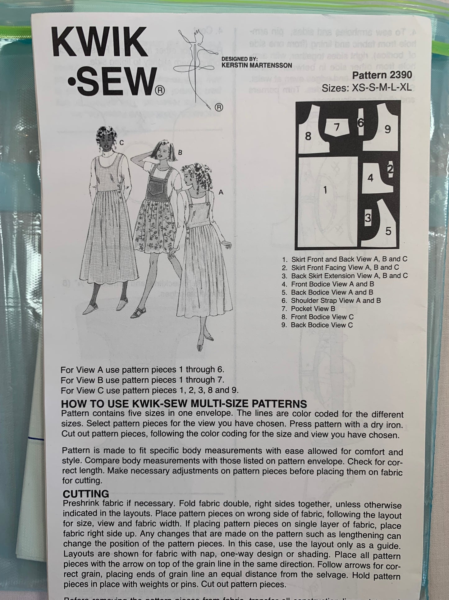 KWIK Sewing Pattern 2390 Misses' Dress, Jumper, Two Lengths, Pockets, Shoulder Straps, Sleeveless, Gathered Waist, Size XS-XL, Uncut, Vintage 1998