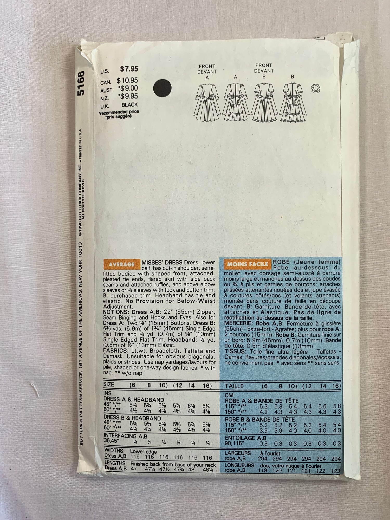 Butterick Sewing Pattern 5166 Misses' Dress, Lower Calf Length, Headband, Semi-Fitted, Ruffles, Flared Skirt, Tie Ends, Size 12-14, Uncut, Vintage 1990