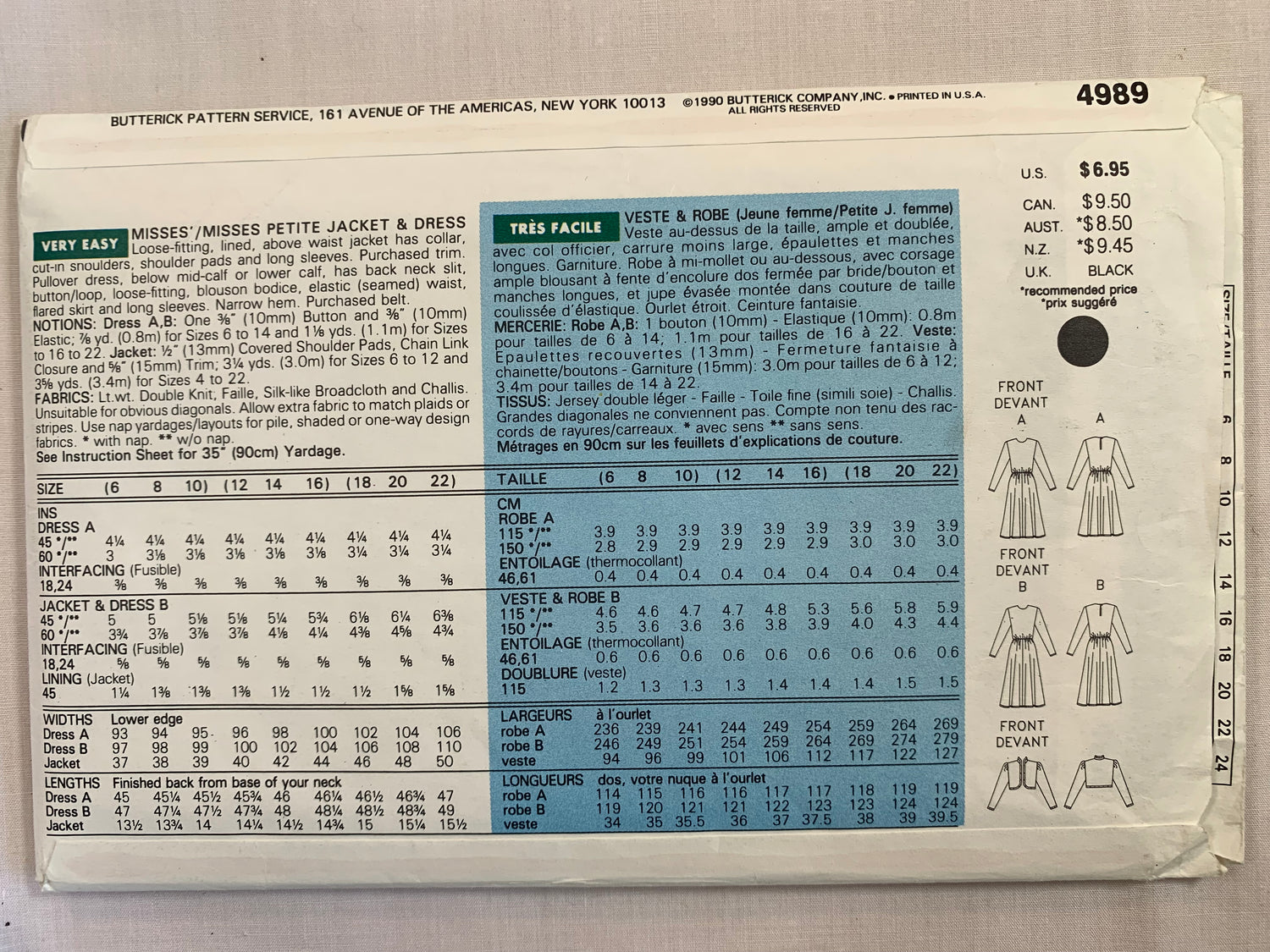 Butterick Sewing Pattern 4989 Misses'/Petite Jacket, Dress, Collar, Shoulder Pads, Loose-Fitting, Long Sleeves, Pleats, Cuffs, Size 6-10, Uncut, Vintage 1990