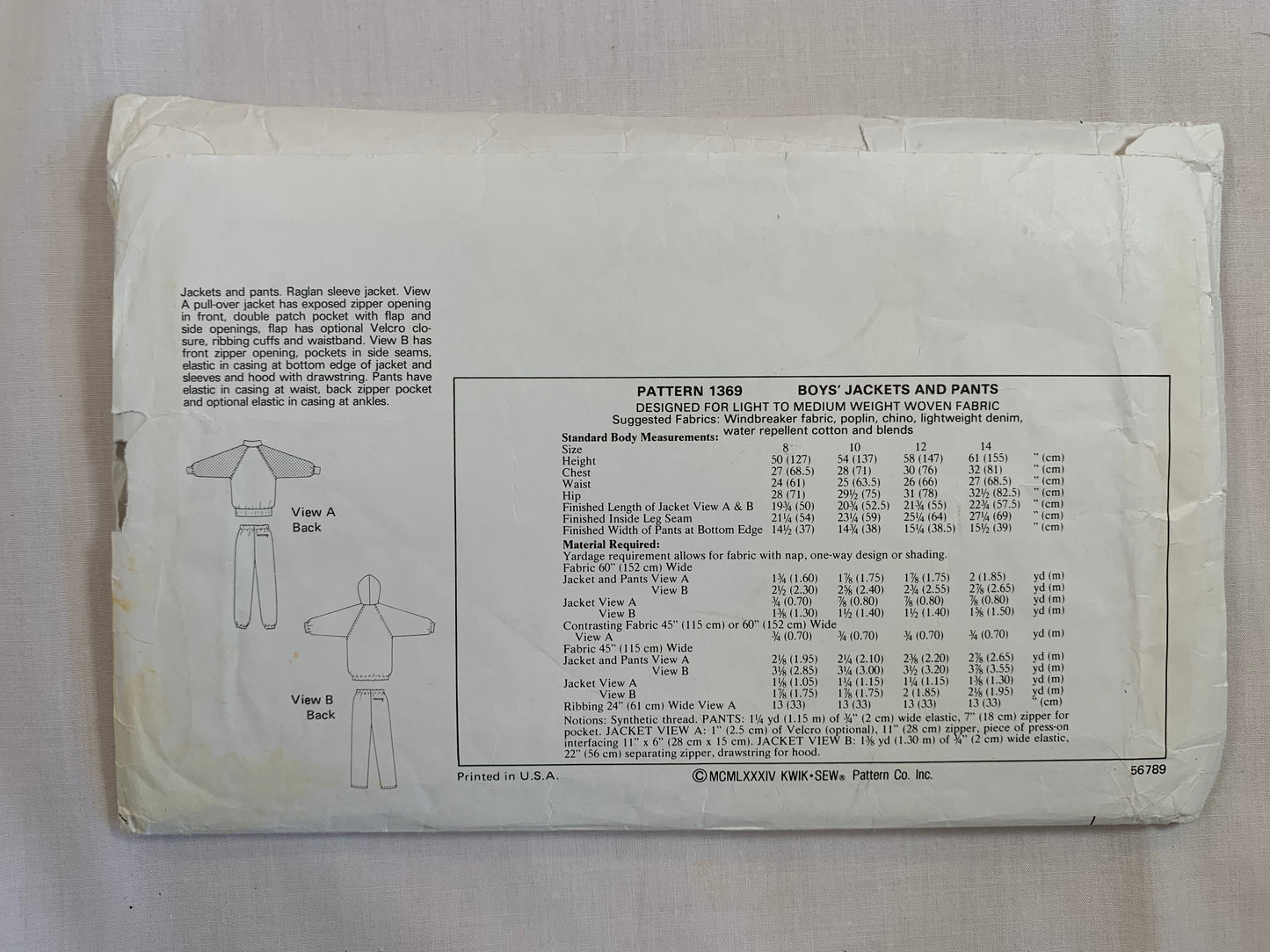 KWIK Sewing Pattern 2794 Boys' Hooded Jacket, Pants, Pull-Over, Zipper Front, 2 Variations, Elastic Waist, Long Sleeves, Pockets, Uncut, Size 8-14, Vintage 1984