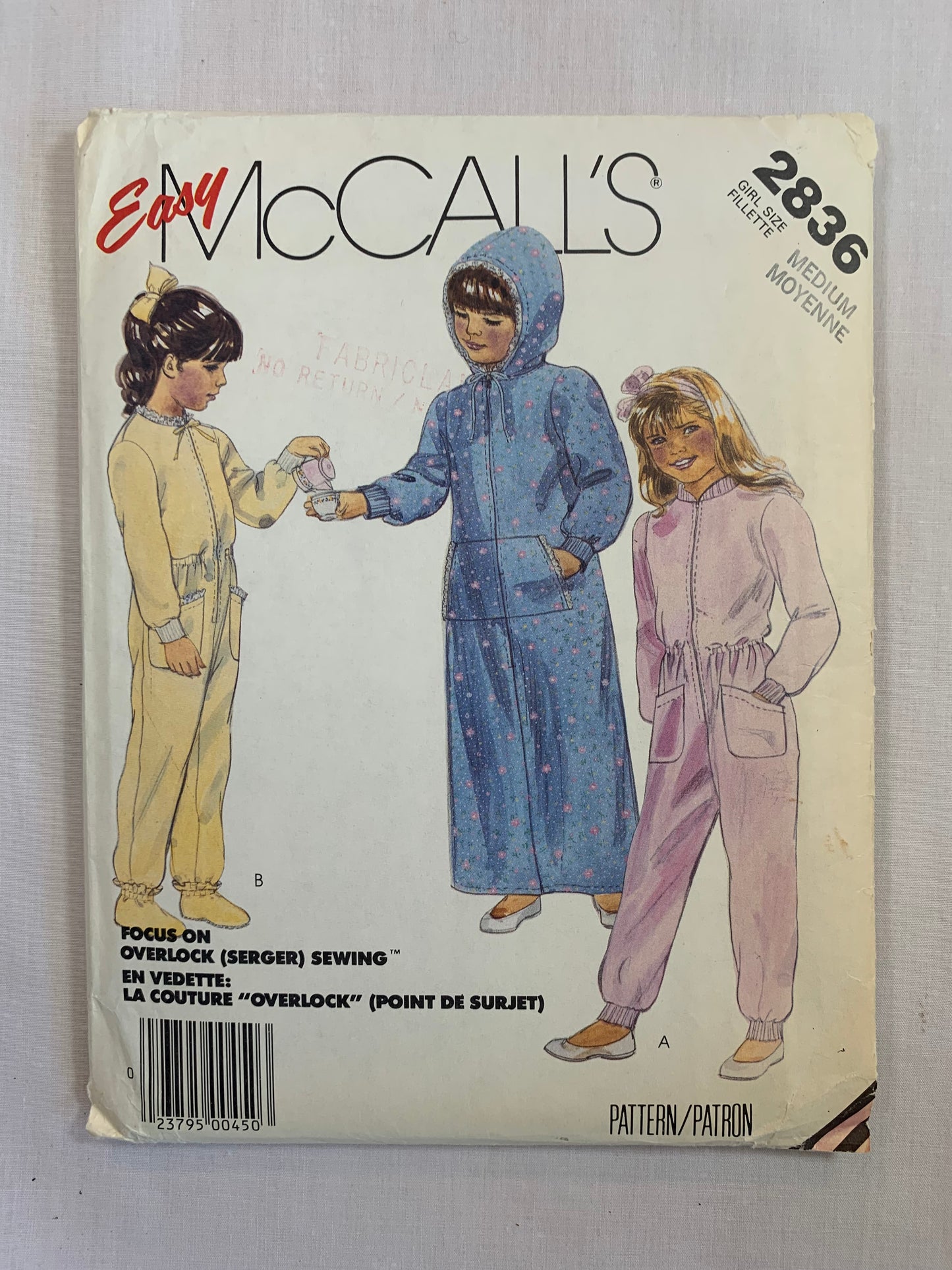 McCalls Sewing Pattern 2836 Girls' Hooded Robe, Pajamas, Booties, Zipper Front, Elastic Waist, One Piece, Sleepwear, Long Sleeves, Size 8-10, Uncut, Vintage 1986