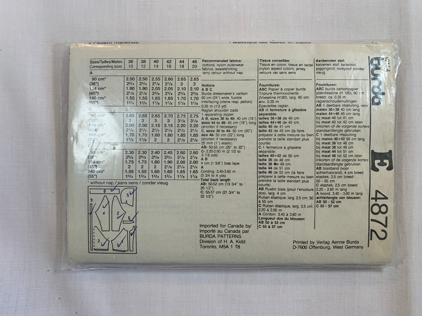 Burda Sewing Pattern 4872 Misses' Jacket, Raglan Long Sleeves, Shoulder Pads, Zipper Front, Pockets, Loose-Fitting, Size 10-20, Uncut