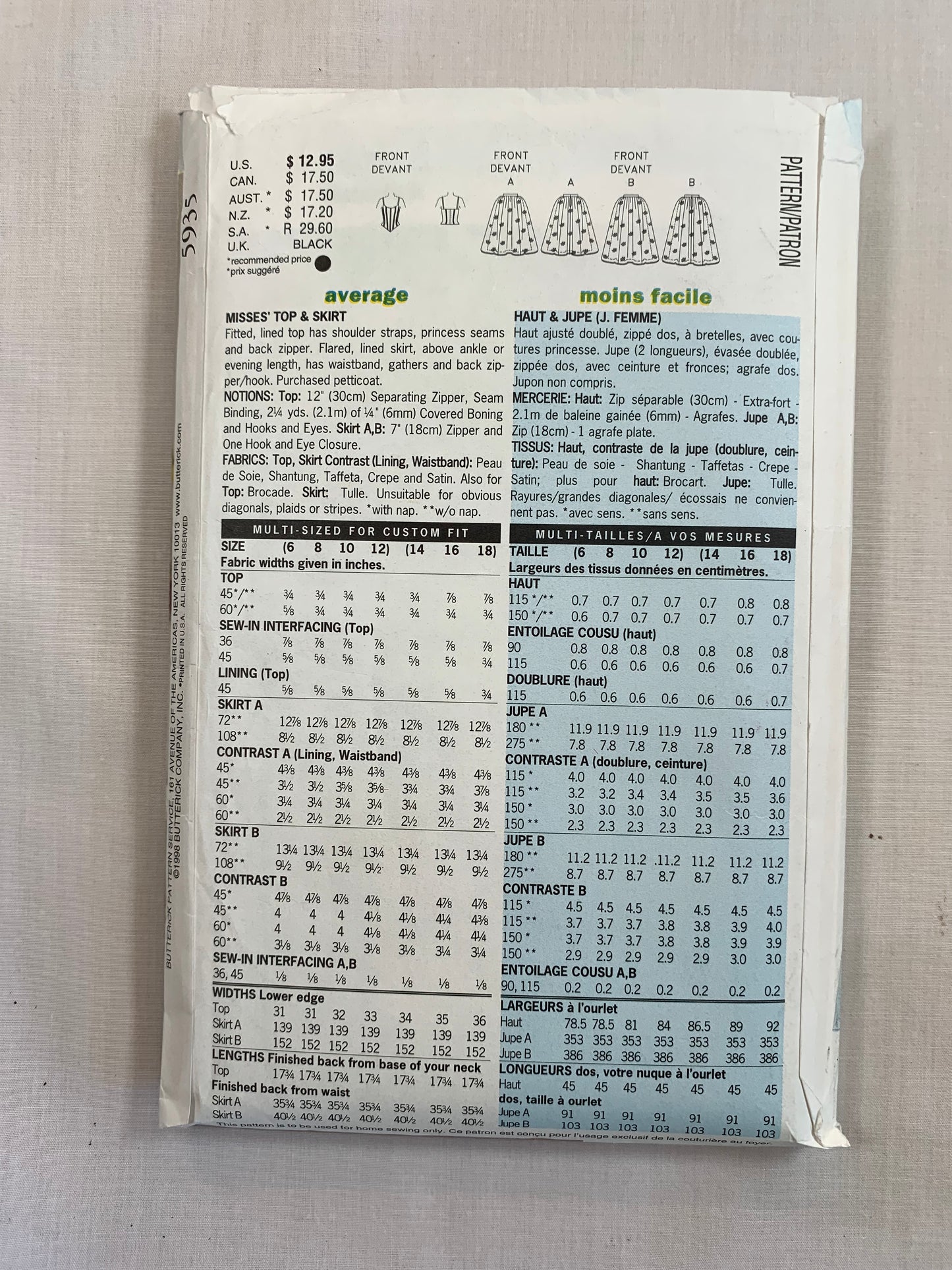 utterick Sewing Pattern 5935 Misses' Top, Lined Skirt, Fitted, Two Lengths, Princess Seams, Zipper Back, Flared, Gathered Waistband, Size 6-12, Uncut, Vintage 1998