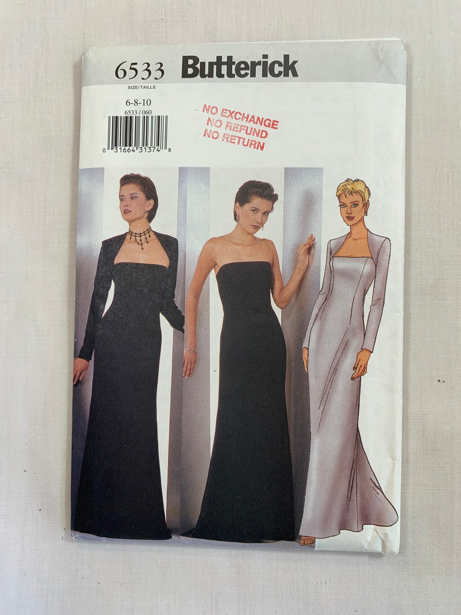 Butterick Sewing Pattern 6533 Misses'/Misses' Petite Dress, Shrug, Close-Fitting, Zipper Back, Shoulder Pads, Floor Length, Size 6-10, Uncut, 2000