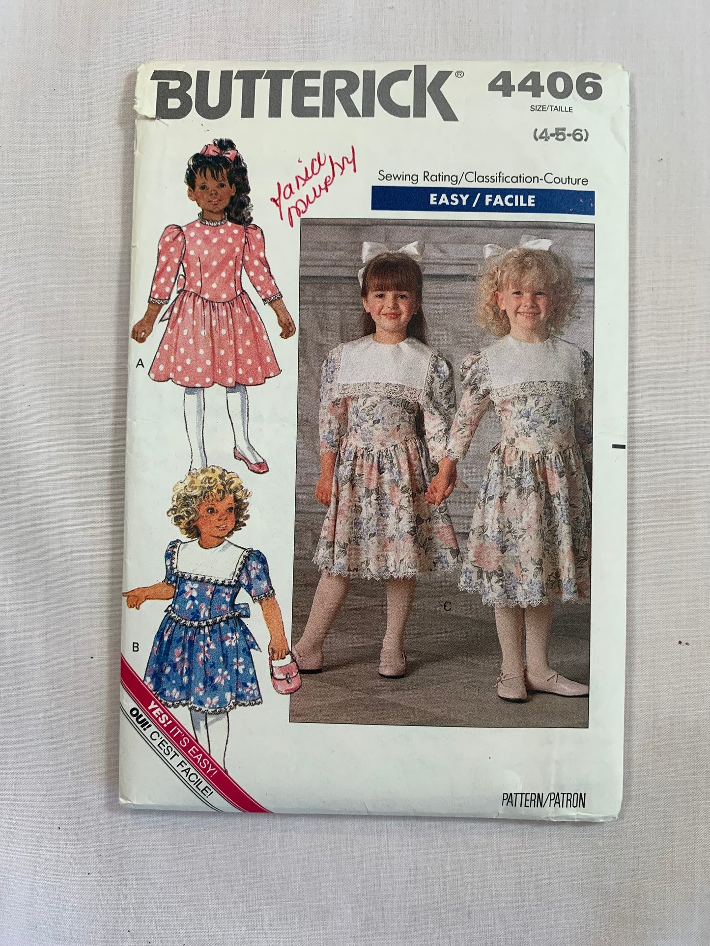 Butterick Sewing Pattern 4406 Children's/Toddlers' Dress, Below Knee Lengths, Semi-Fitted, Dropped Waist, Long/Short Sleeves, Tie Ends, Size 4-6, Uncut, Vintage 1989