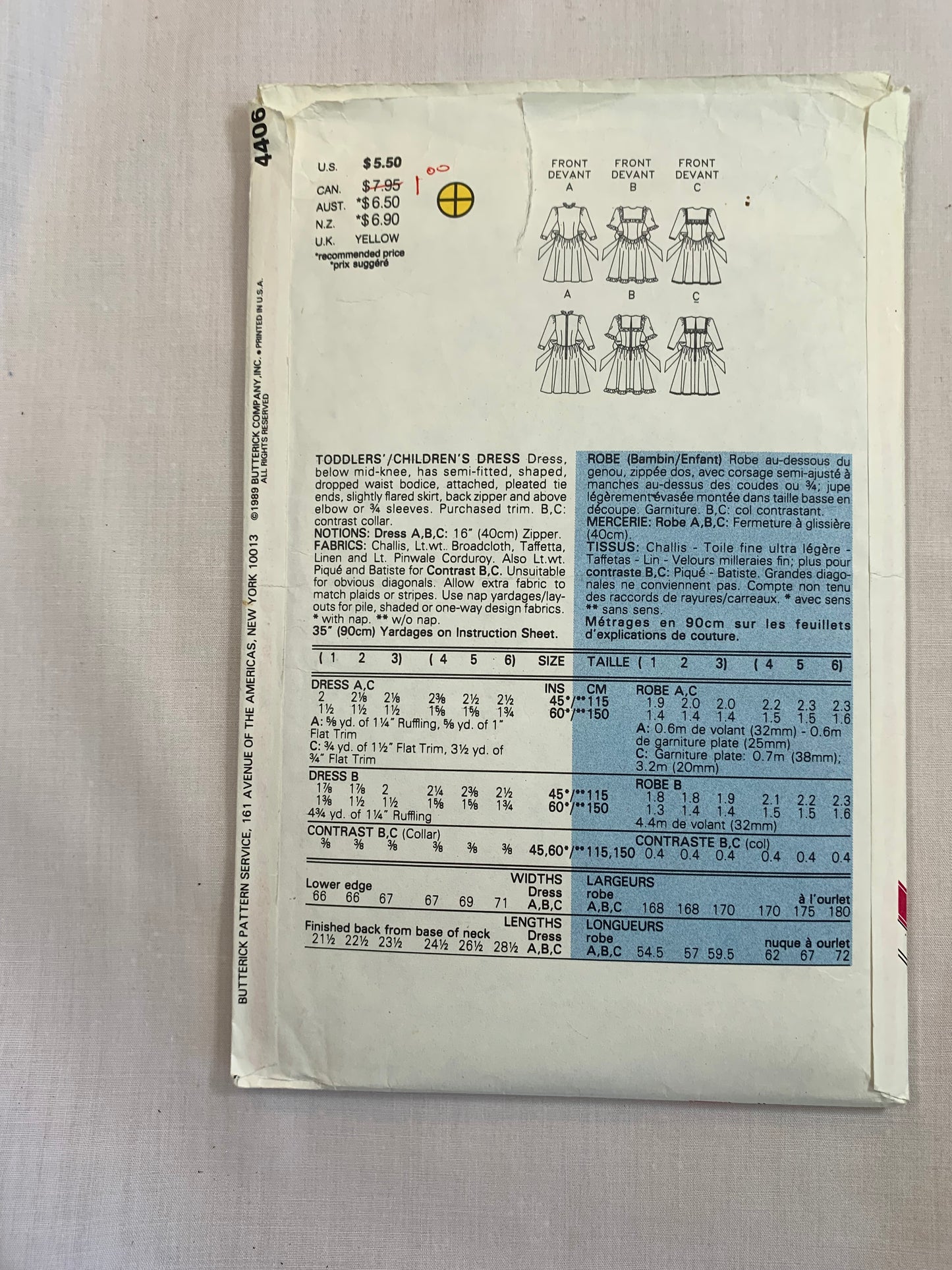 Butterick Sewing Pattern 4406 Children's/Toddlers' Dress, Below Knee Lengths, Semi-Fitted, Dropped Waist, Long/Short Sleeves, Tie Ends, Size 4-6, Uncut, Vintage 1989