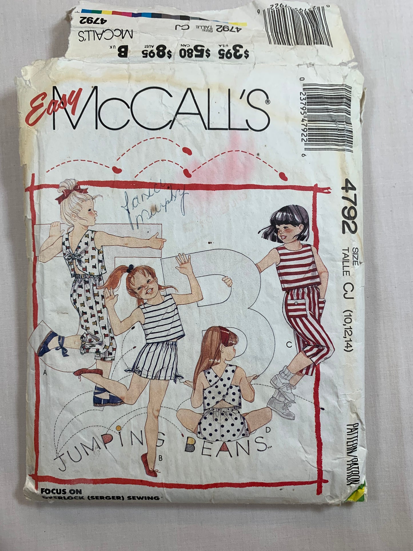 McCall's Sewing Pattern 4792 Girls' Tops, Capri Pants, Shorts, Elastic Waist, Pockets, Pull-On, 4 Variations, Size 10-14, Cut, Vintage 1990
