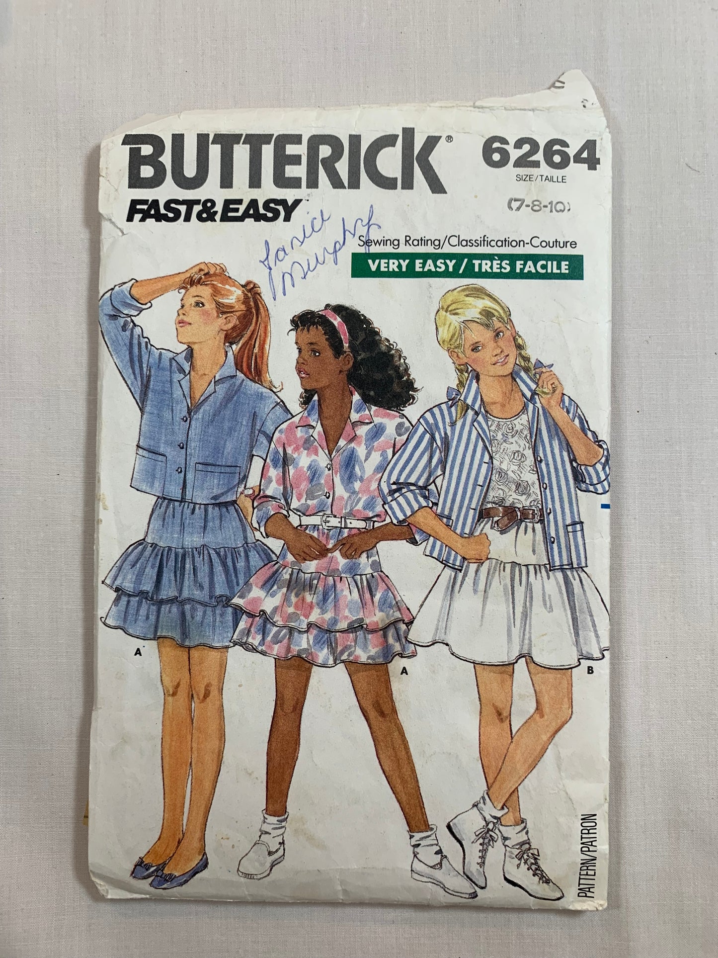 Butterick Sewing Pattern 6264 Girls' Shirt, Skirt, Loose-Fitting, Pockets,Long Sleeves. Collar, Dropped Shoulders, Size 7-10, Cut, Vintage 1988