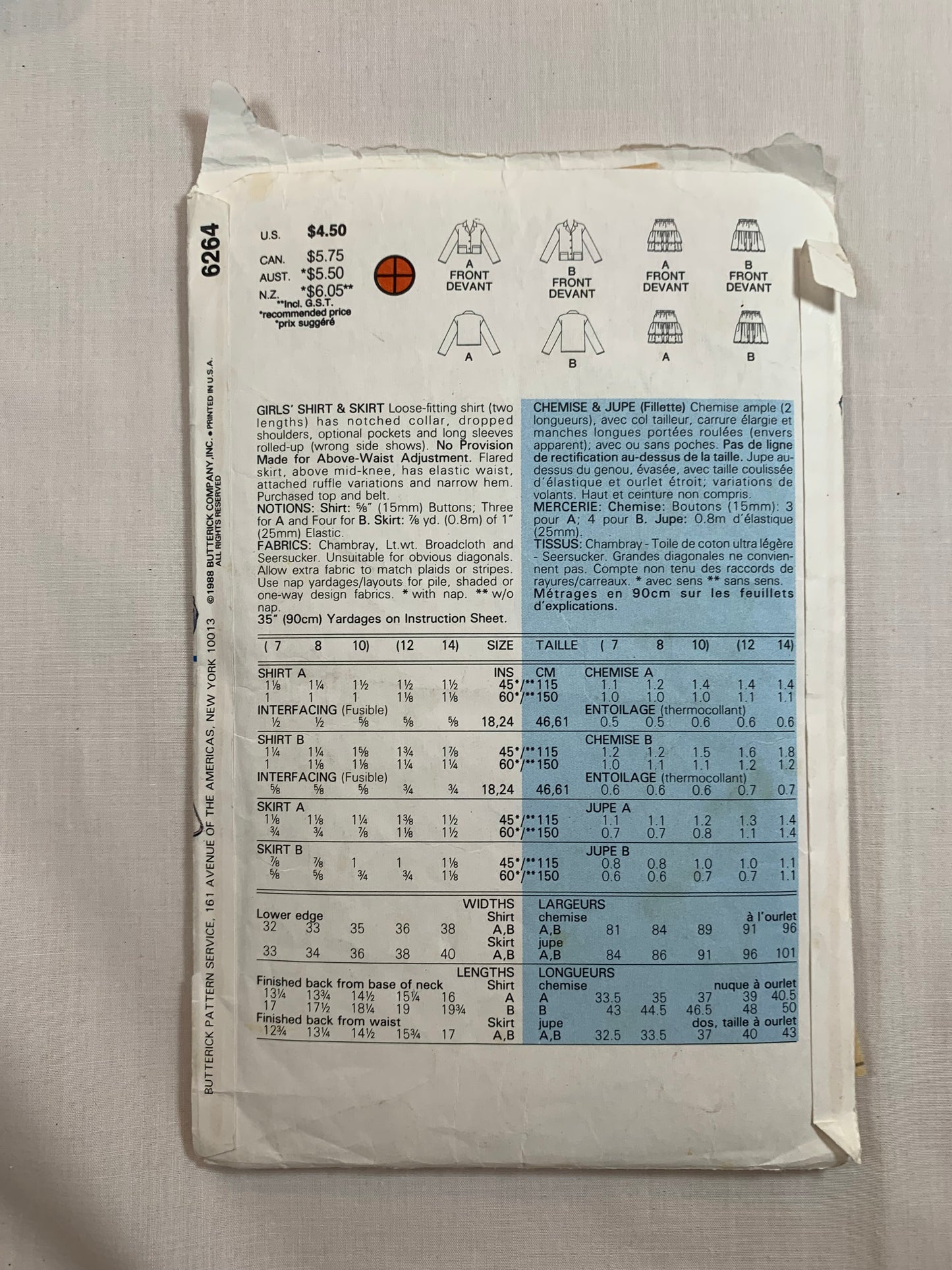 Butterick Sewing Pattern 6264 Girls' Shirt, Skirt, Loose-Fitting, Pockets,Long Sleeves. Collar, Dropped Shoulders, Size 7-10, Cut, Vintage 1988