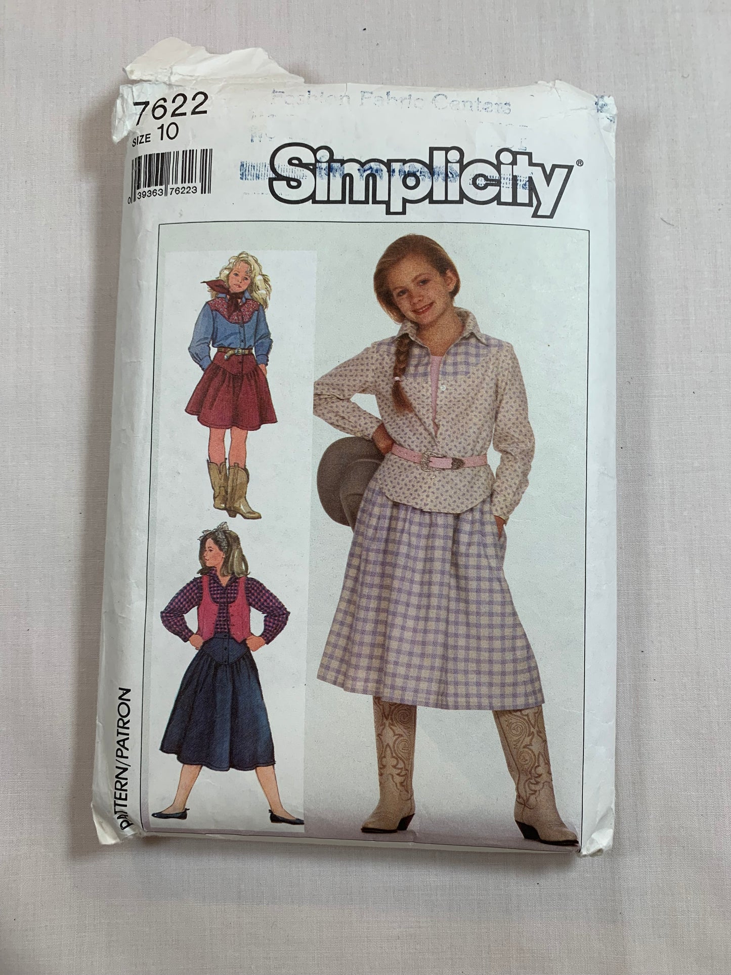 Simplicity Sewing Pattern 7622 Girls' Western Skirt, Shirt, Lined Vest, Two Lengths, Button Front, Pockets, Fitted, Long Sleeves, Size 10, Cut, Vintage 1986