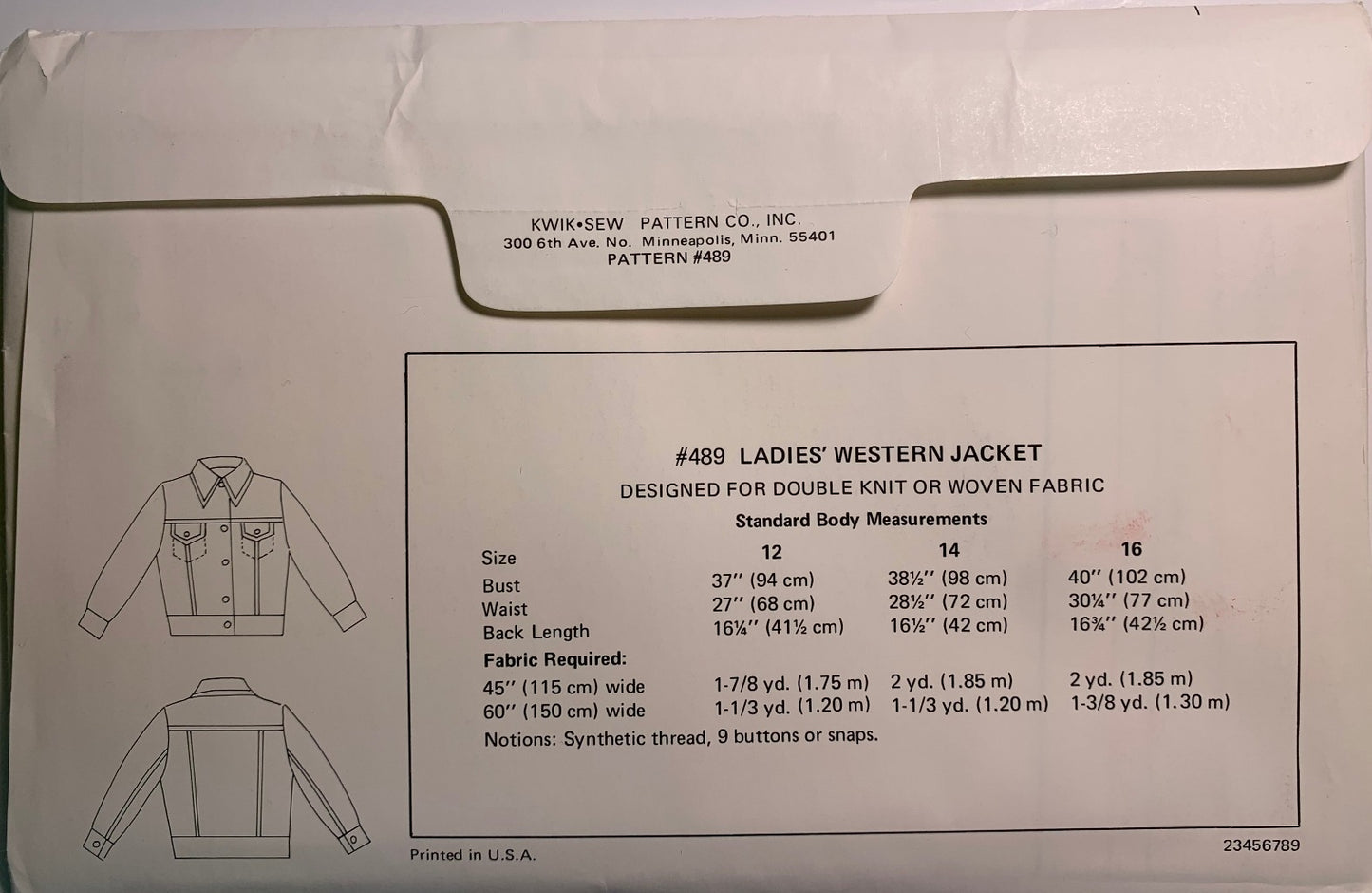 KWIK 489 Ladies' Western Jacket, Size 12-16, Uncut, Vintage 1970