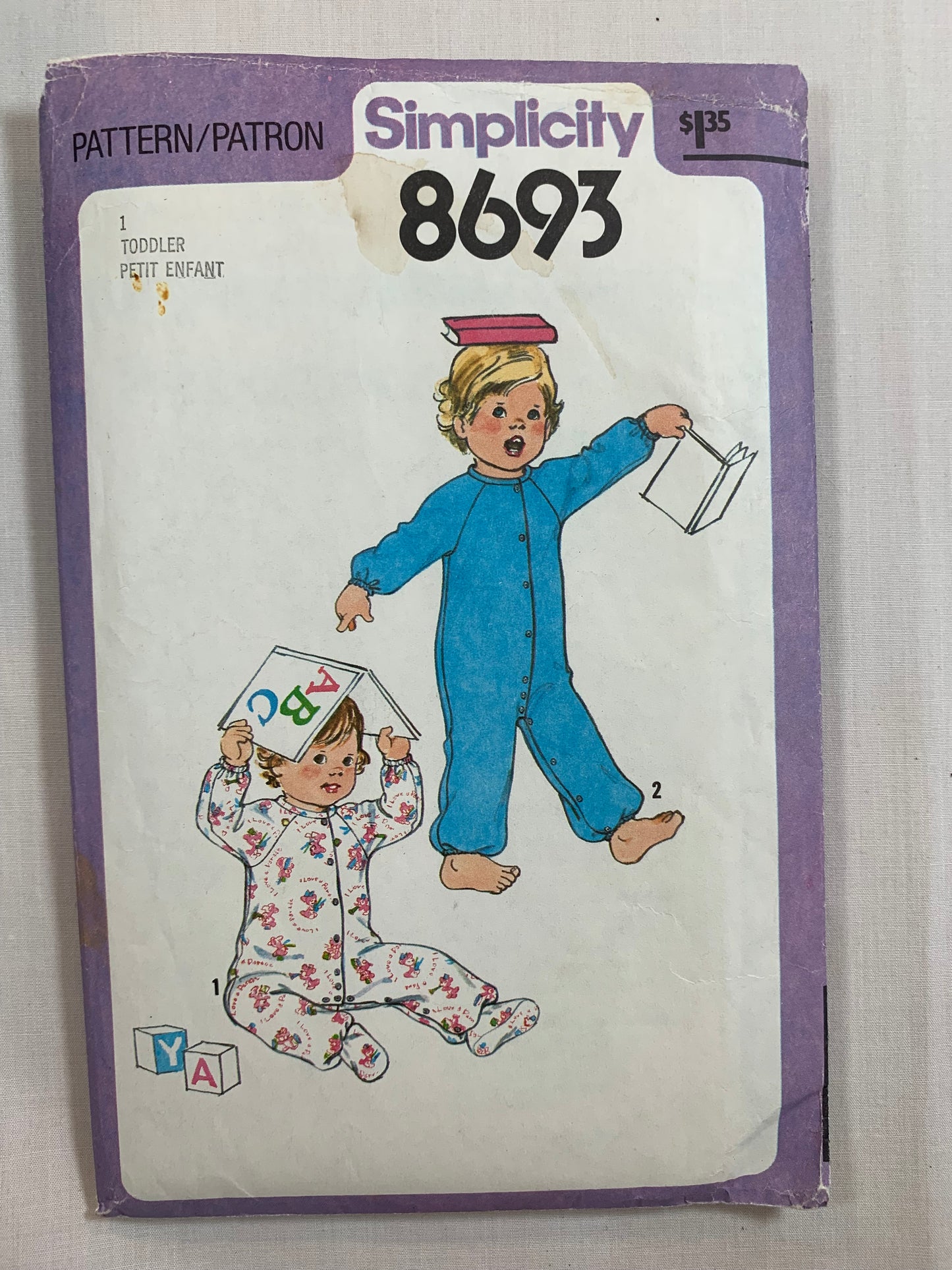 Simplicity Sewing Pattern 8693 Toddlers' Sleepers, Pajamas, , Long Raglan Sleeves, Snap Front/Crotch, Enclosed Feet, Size 1, Cut, Vintage 1978