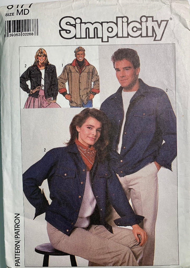 Simplicity 8177 Misses', Men's, Teens, Unlined Jacket, Size 35-36 1/2, Cut, Vintage 1987