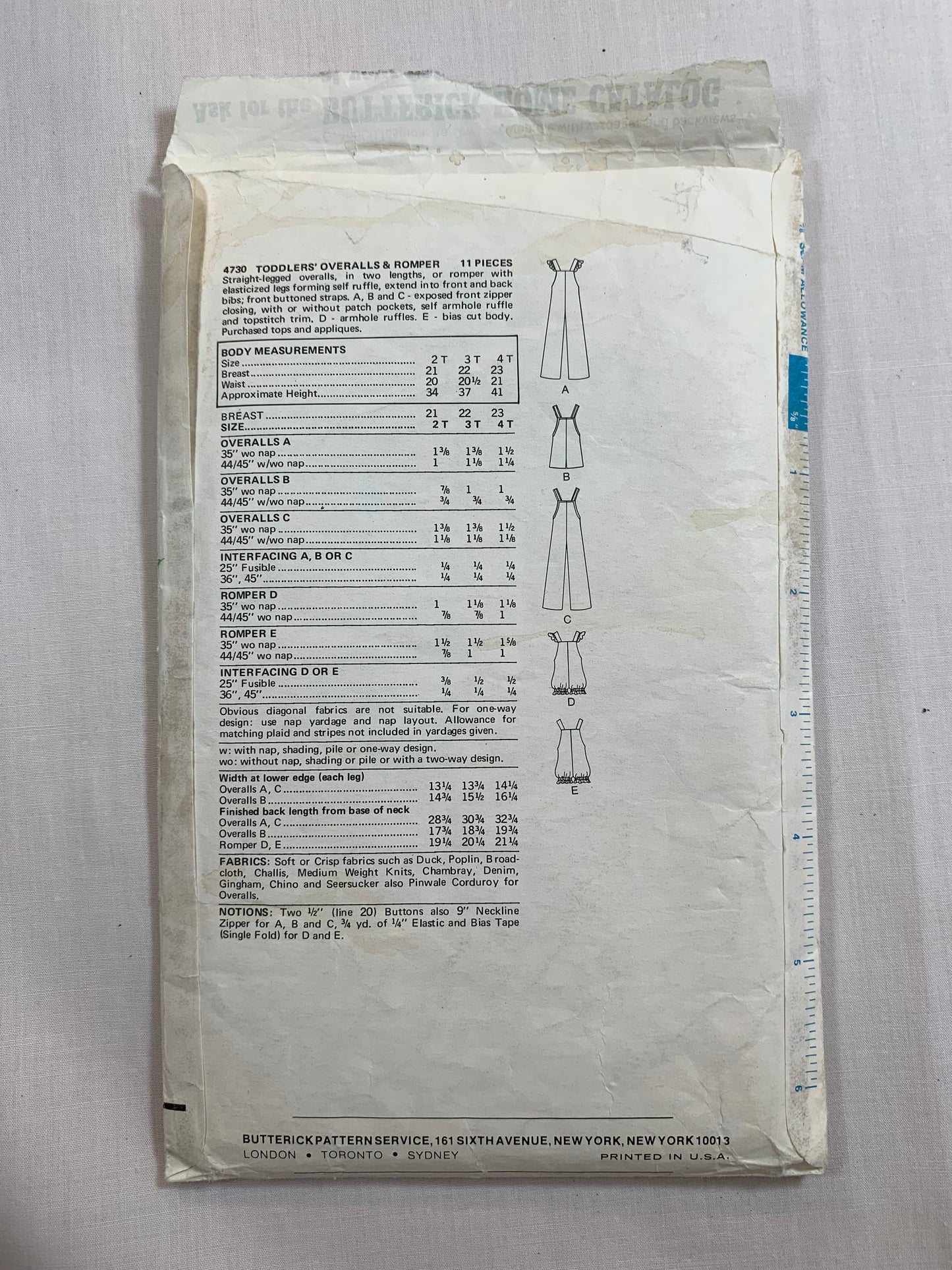 Butterick Sewing Pattern 4730 Toddlers' Overalls, Romper, Two Lengths, Bibs, Ruffles, Front Zipper, Shoulder Straps, Size 3, Cut, Vintage 1989