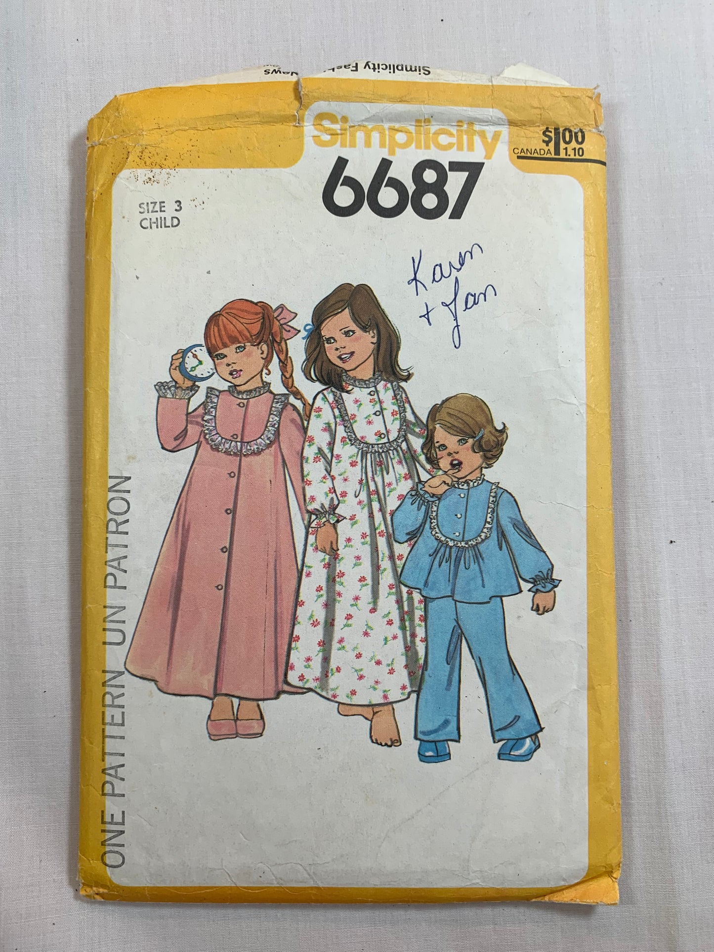 Simplicity Sewing Pattern 6687 Toddlers' Girls' Pajamas, Top, Pants, Long Sleeves, Button Front. Nightgown, Size 3, Cut, Vintage 1977