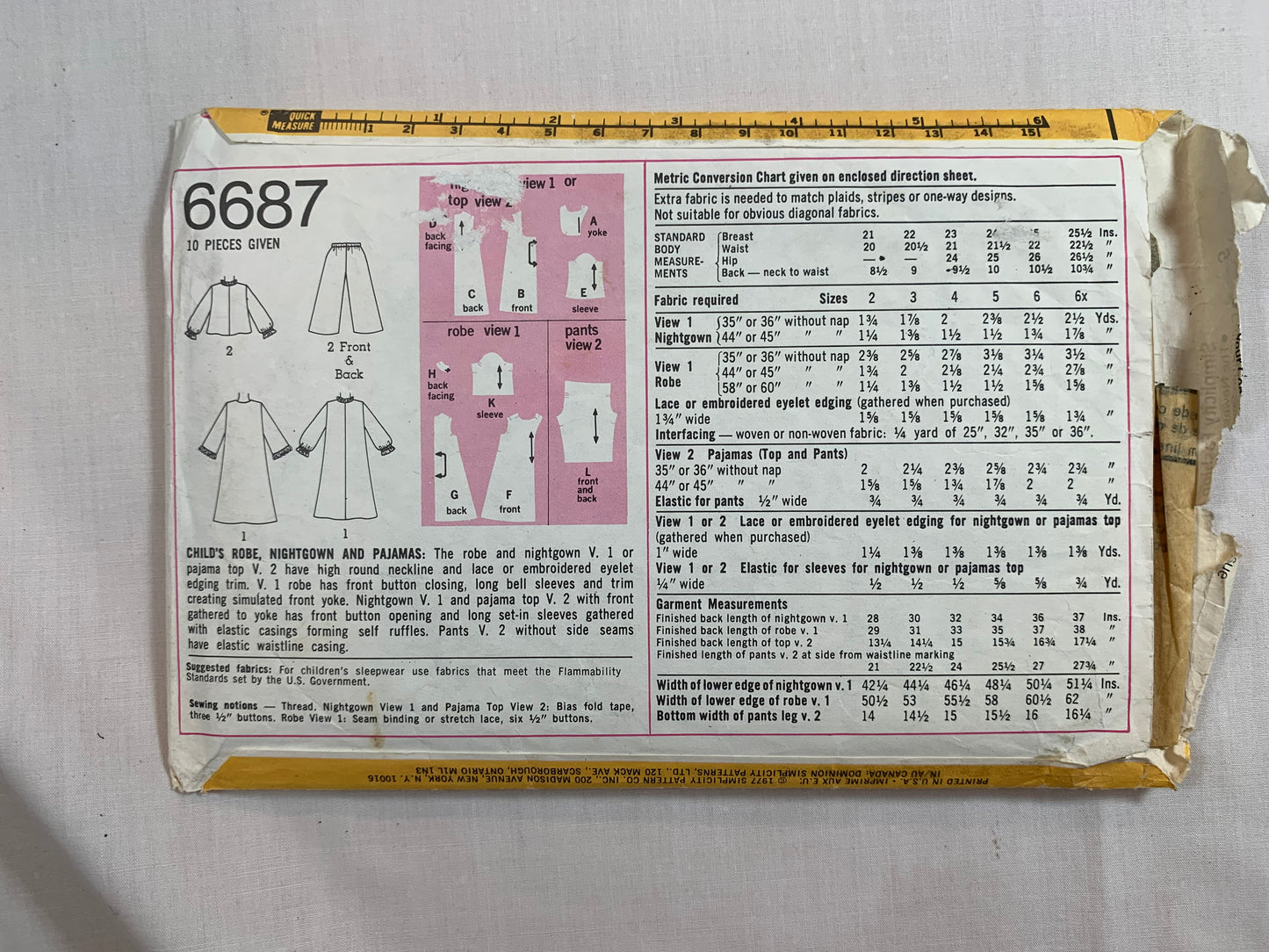 Simplicity Sewing Pattern 6687 Toddlers' Girls' Pajamas, Top, Pants, Long Sleeves, Button Front. Nightgown, Size 3, Cut, Vintage 1977