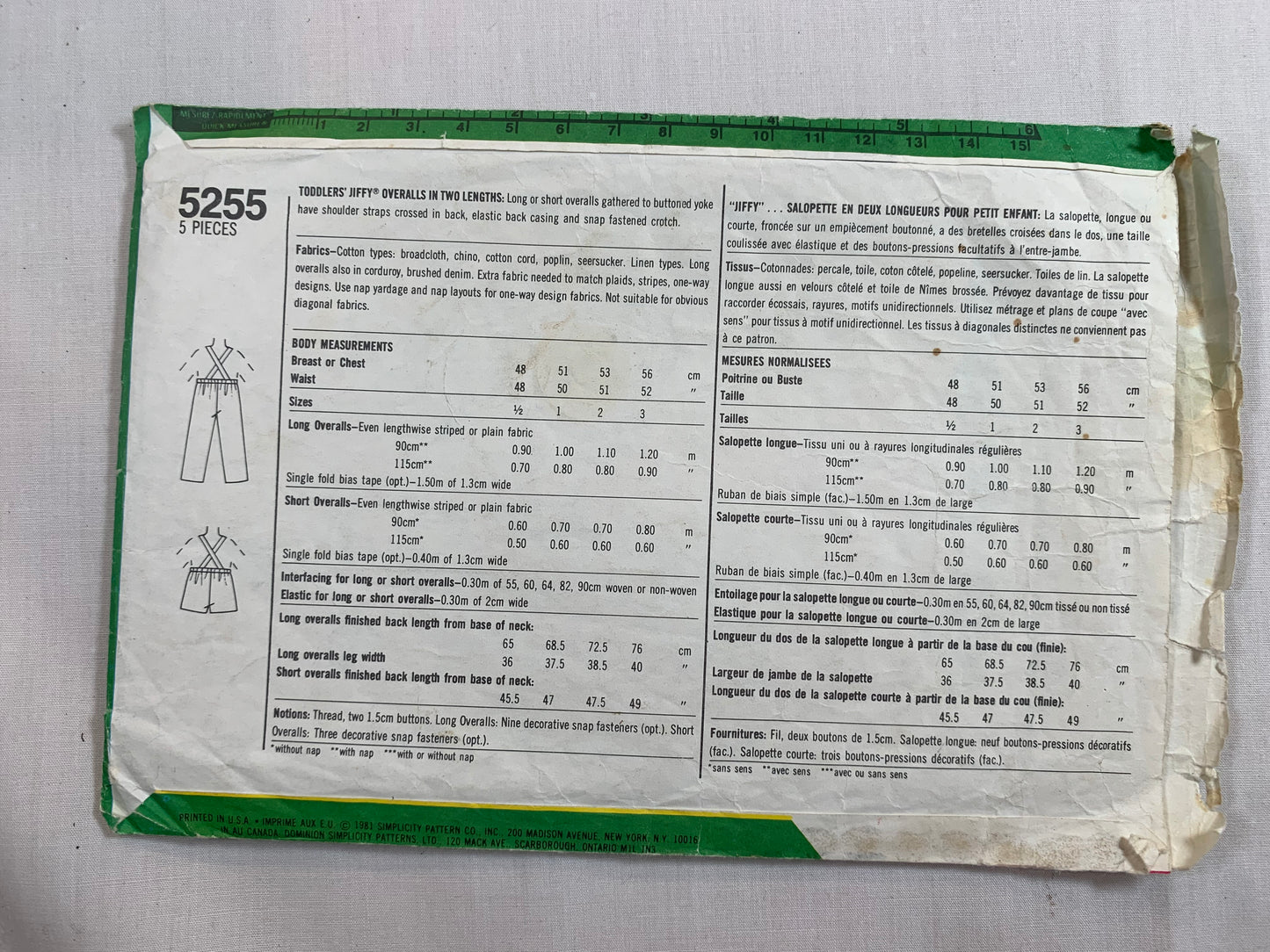 Simplicity Sewing Pattern 5255 Toddlers' Overalls, Two Lengths, Shoulder Straps, Elastic Back, Snap Crotch, Cut, Vintage 1981
