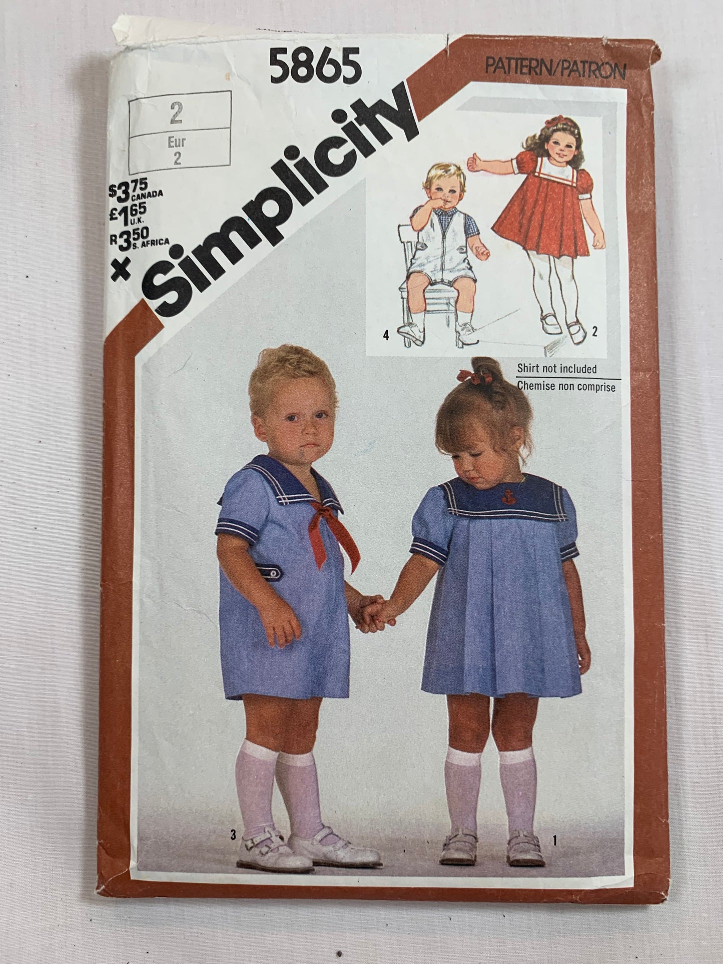Simplicity Sewing Pattern 5865 Toddlers'/Boy's/Girls' Dresss, Rompers, Short Sleeves, Sleeveless, Collar, Snap Crotch, Zipper Front, Size 2, Cut, Vintage 1982