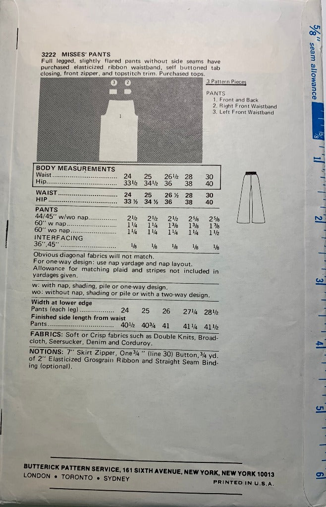 Butterick Sewing Pattern 3222 Misses' Pants, Flared, Zipper Front, Bell Bottoms, Size 25 Waist, Cut, Vintage 1970