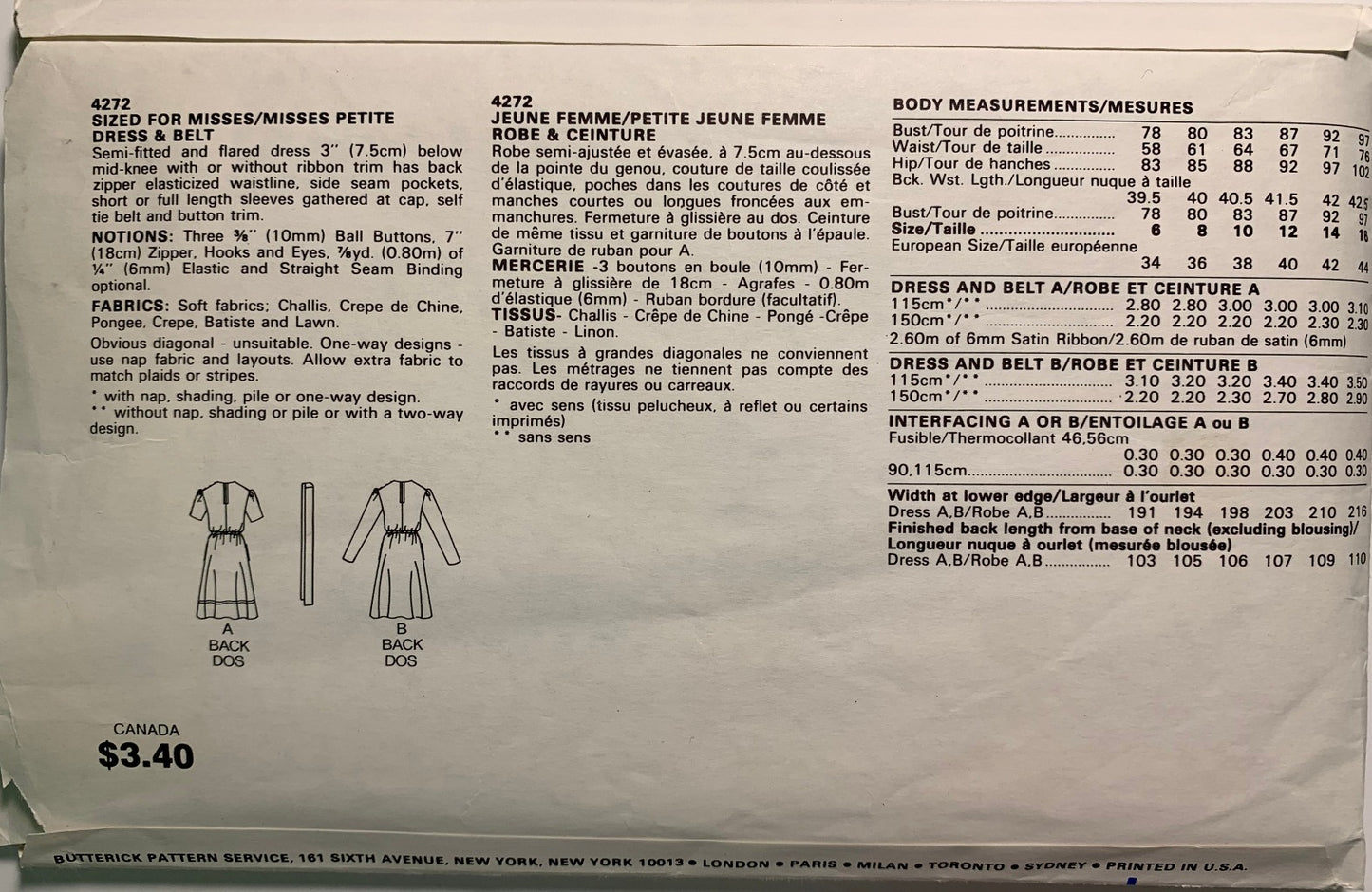 Butterick 4272 Misses' Petite Dress, Belt, Size 8, Cut, Vintage 1980