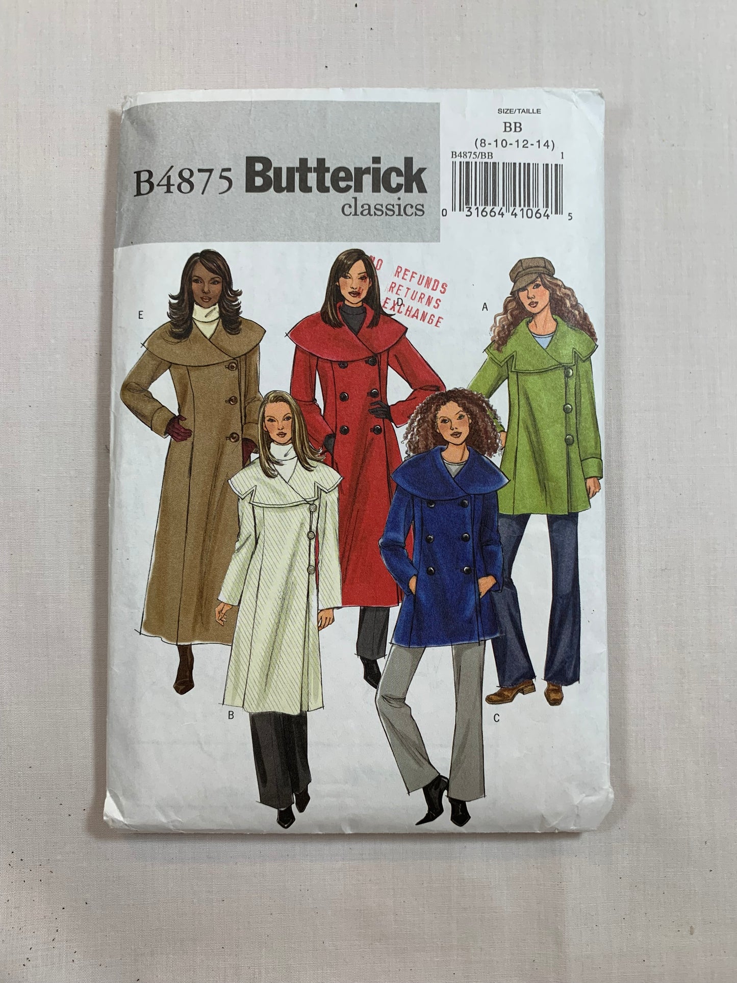 Butterick Sewing Pattern B4875 Misses'/Misses' Petite Lined Jacket And Coat, Loose-Fitting, Two Lengths, Double Breasted, Pockets, Shoulder Pads, Button Front, Size 8-14, Cut, 2008