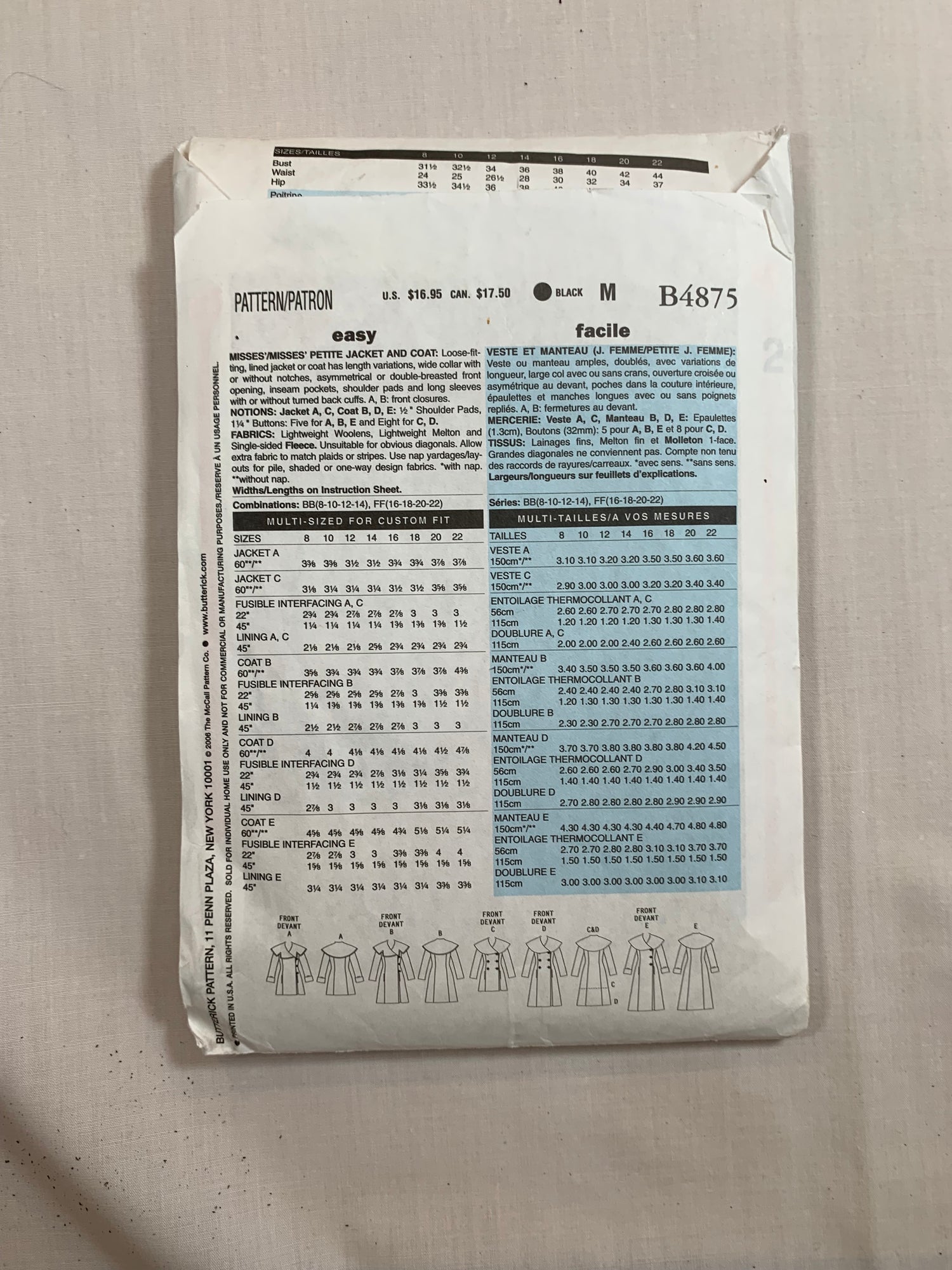 Butterick Sewing Pattern B4875 Misses'/Misses' Petite Lined Jacket And Coat, Loose-Fitting, Two Lengths, Double Breasted, Pockets, Shoulder Pads, Button Front, Size 8-14, Cut, 2008
